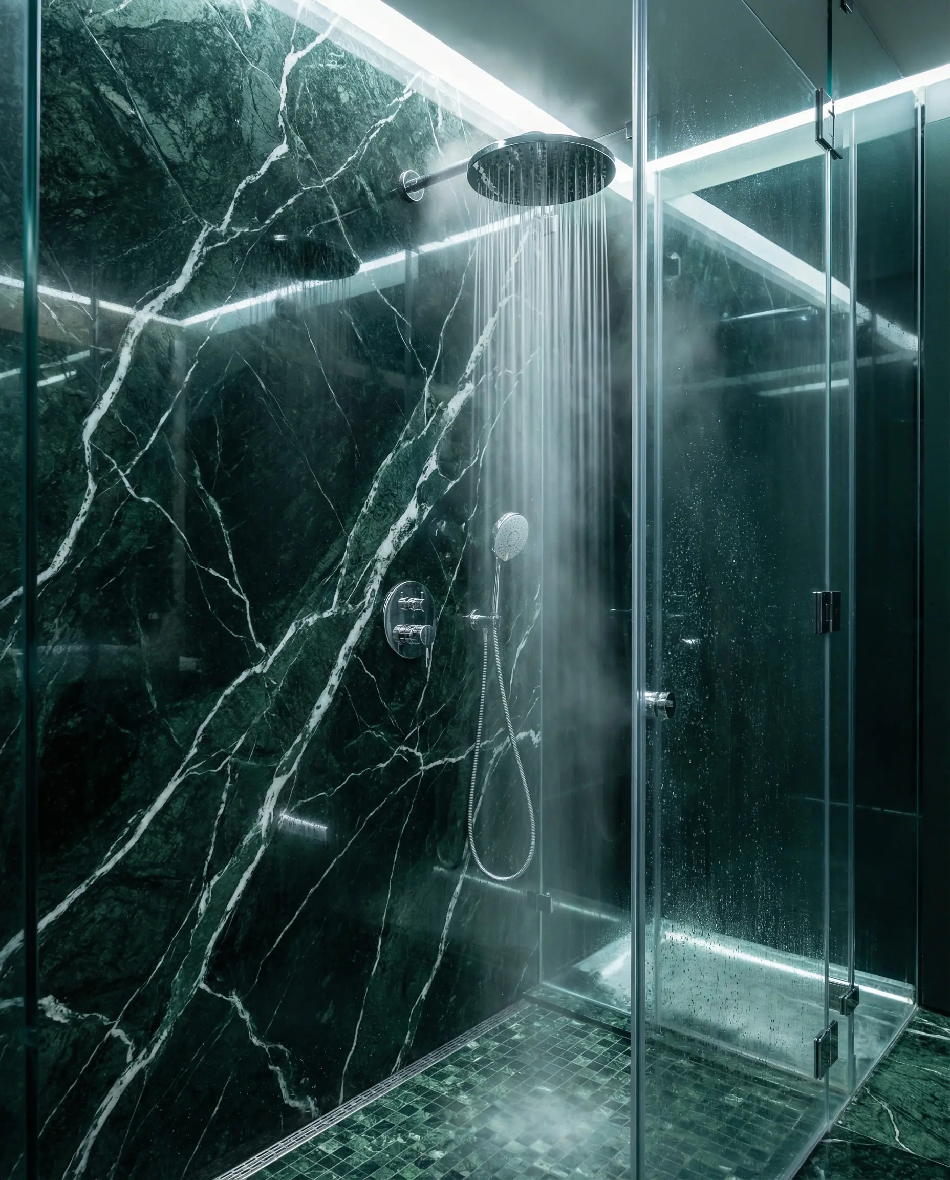 Moody shower enclosure clad in deep Verde Alpi green marble slabs with chrome fixtures.