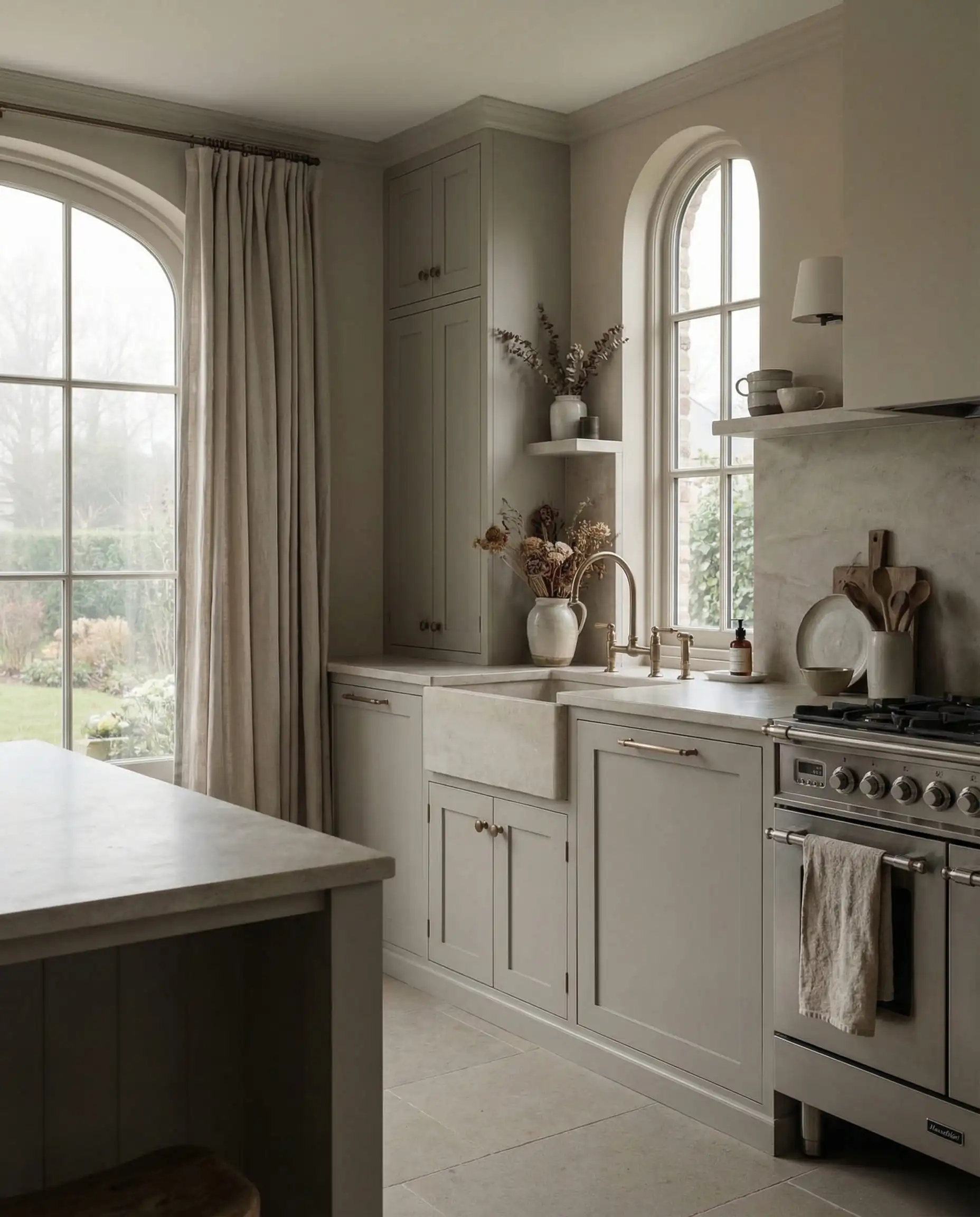 Monochromatic kitchen design with mid-tone warm gray cabinets matching mushroom-colored walls and bronze hardware.