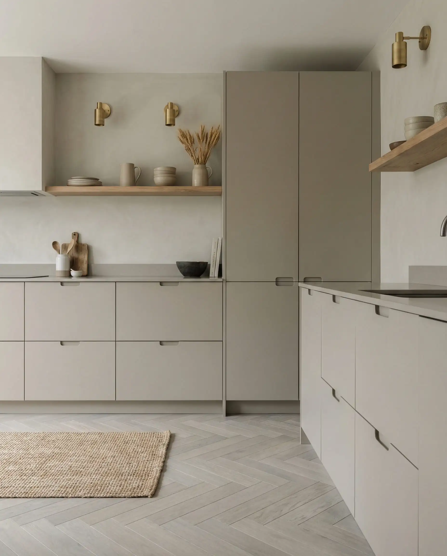 Serene Japandi kitchen with matte mushroom (greige) flat-panel cabinets and light gray herringbone wood floors.
