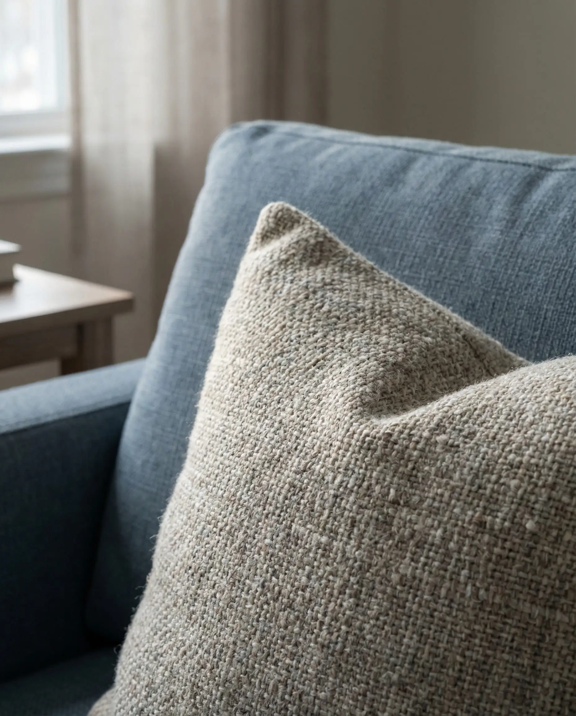 Close up of a greige (grey-beige) textured pillow on a steel blue sofa.