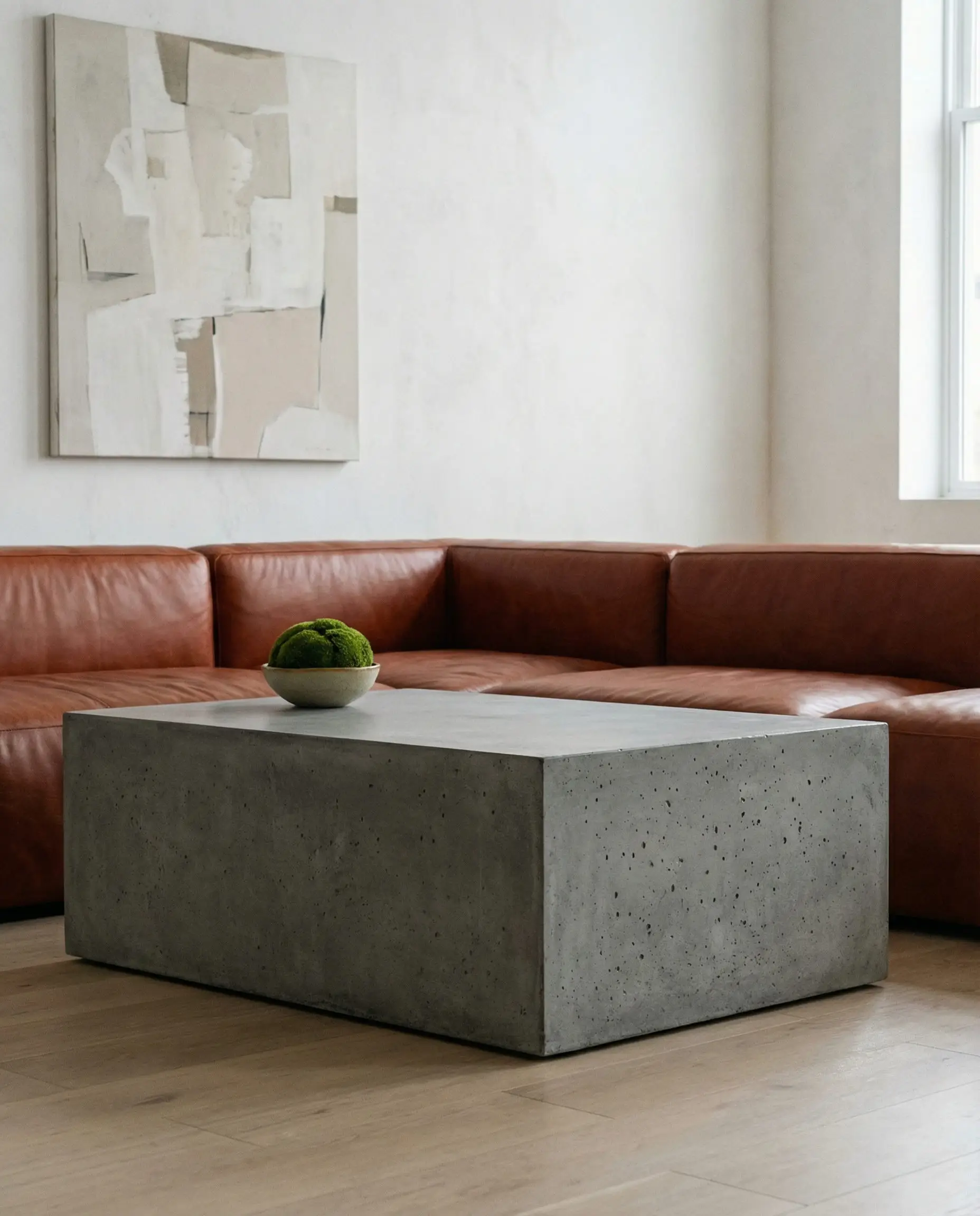 Blocky cast concrete coffee table in cool grey offering color contrast to a warm reddish-brown cognac leather sofa.