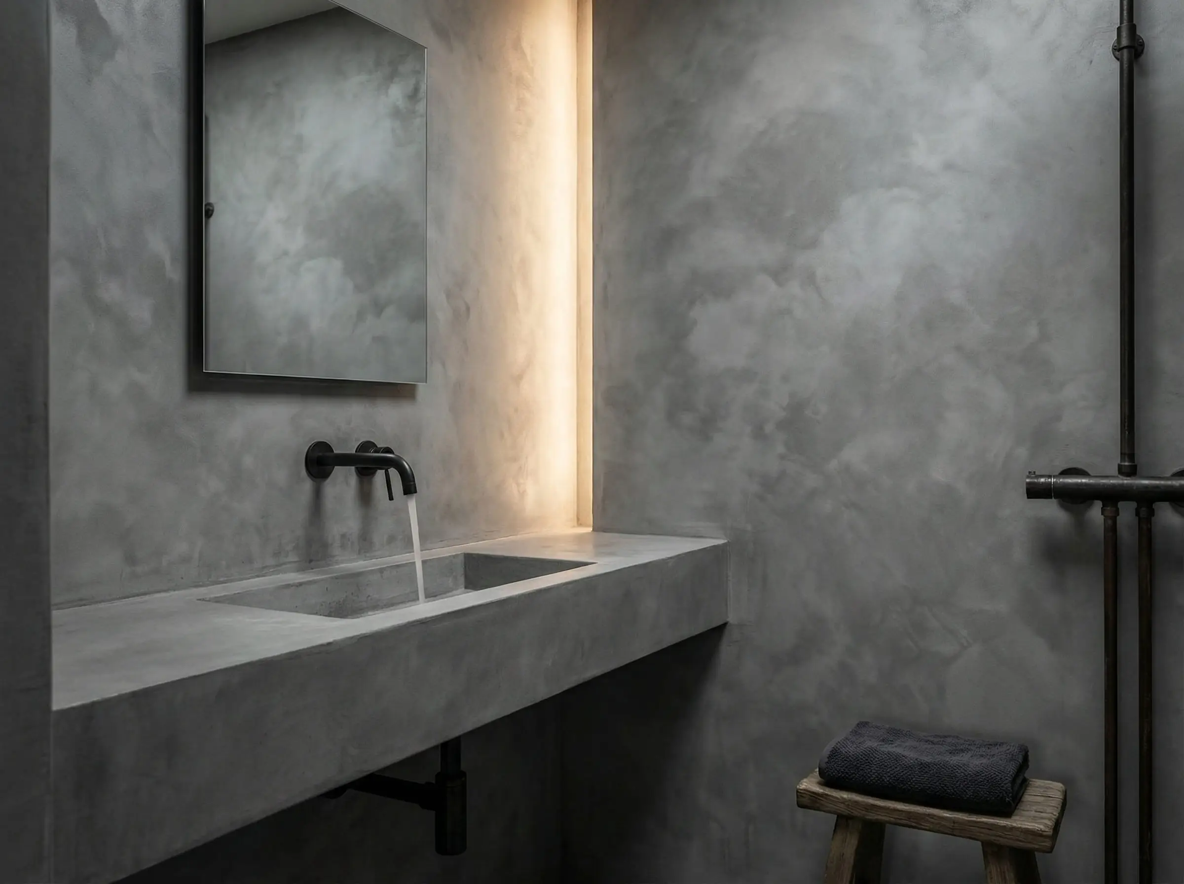 Industrial chic bathroom with seamless grey waterproof Tadelakt plaster walls.