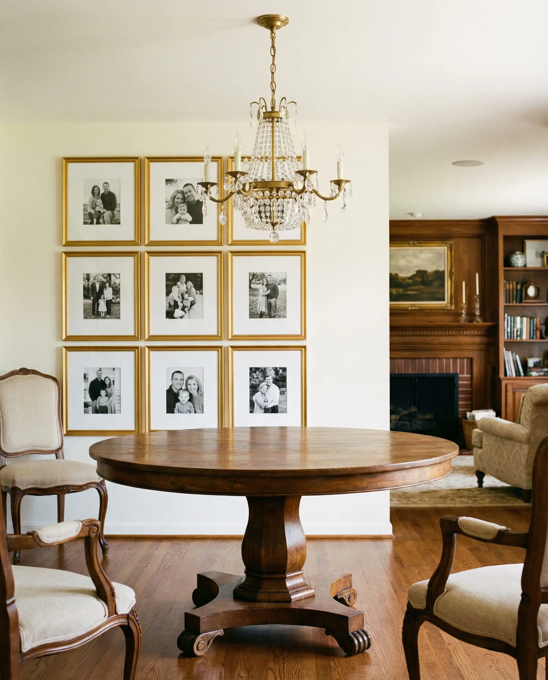 Round wooden table backed by a wall featuring a perfect 3x3 grid of square gold picture frames.