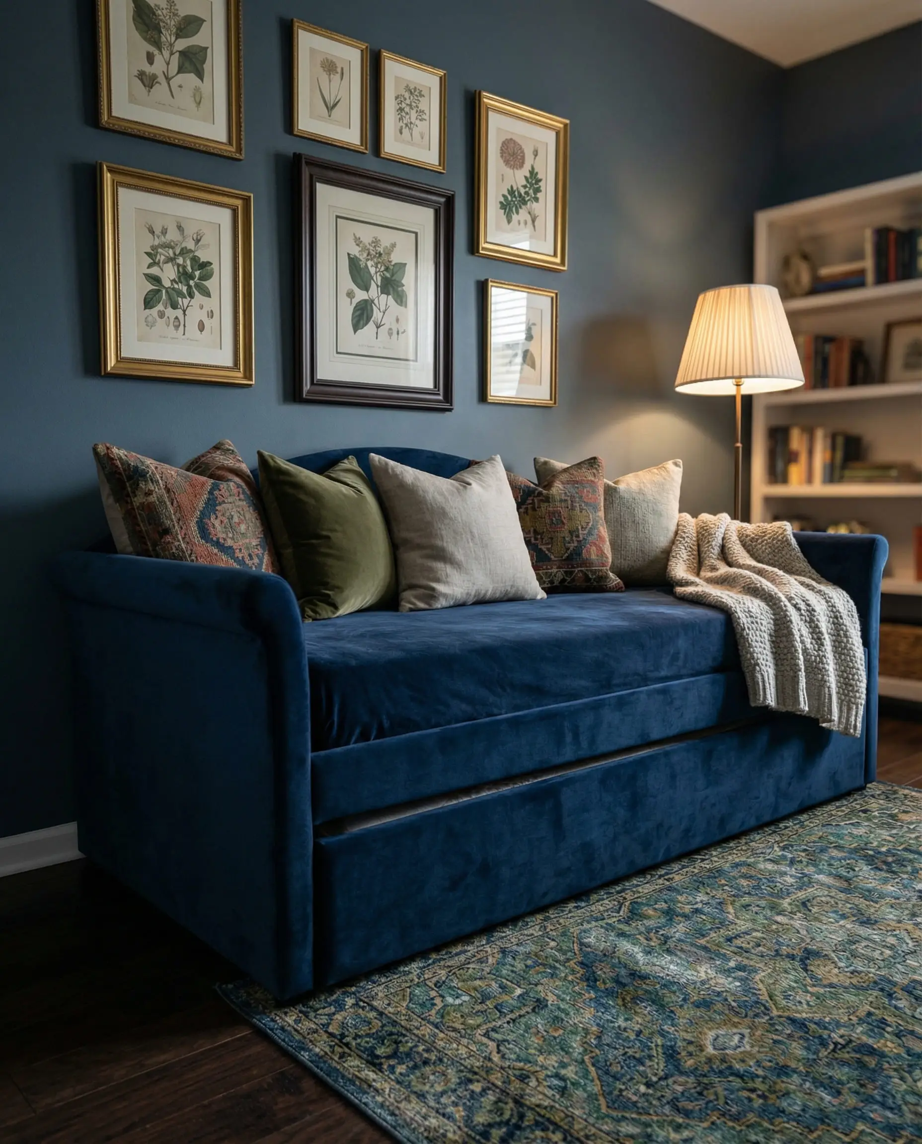 Cozy 10x12 guest room with a daybed, trundle, and gallery wall art.