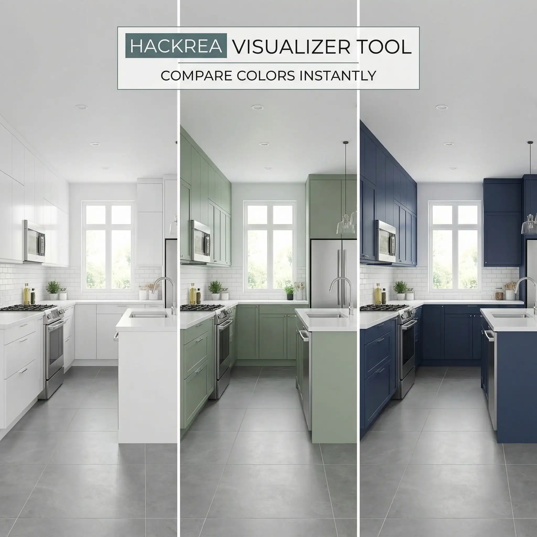 Split screen comparison showing white, sage green, and navy blue cabinets on the same gray floor.