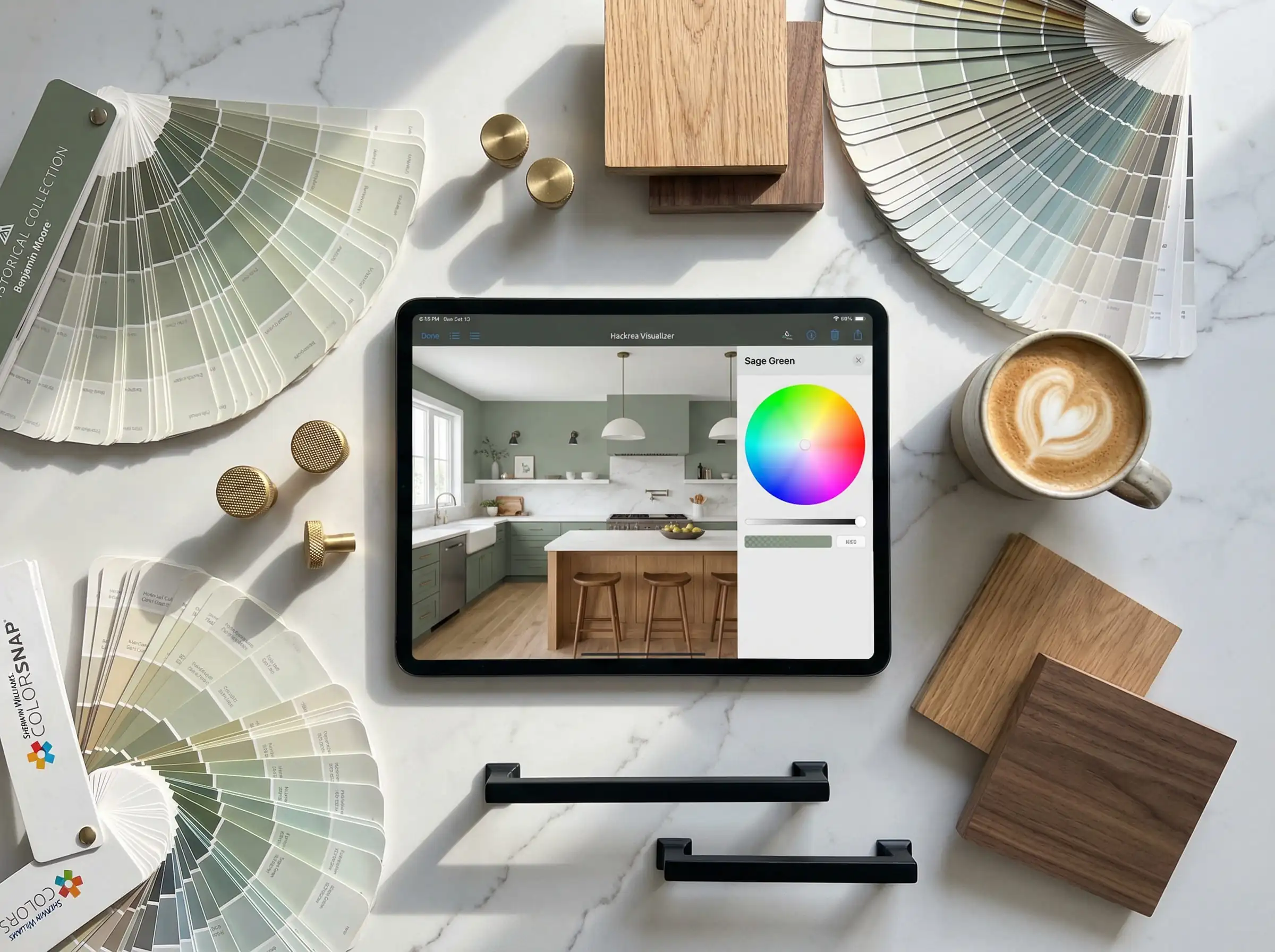 Flat lay of a tablet displaying the Hackrea Kitchen Visualizer tool surrounded by paint swatches and material samples.