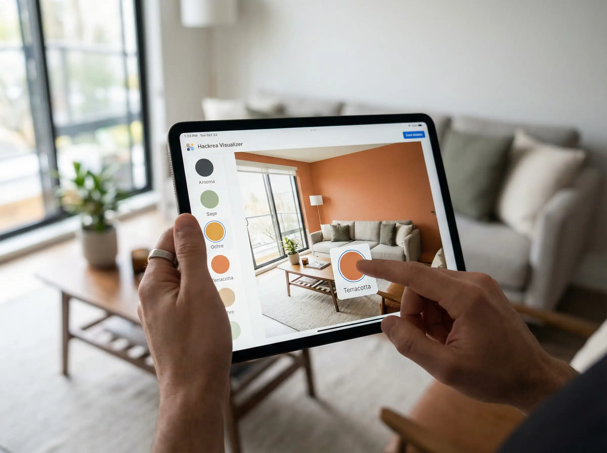 Close-up of a hand holding a tablet displaying the Hackrea Visualizer tool, changing a room's wall color to terracotta.