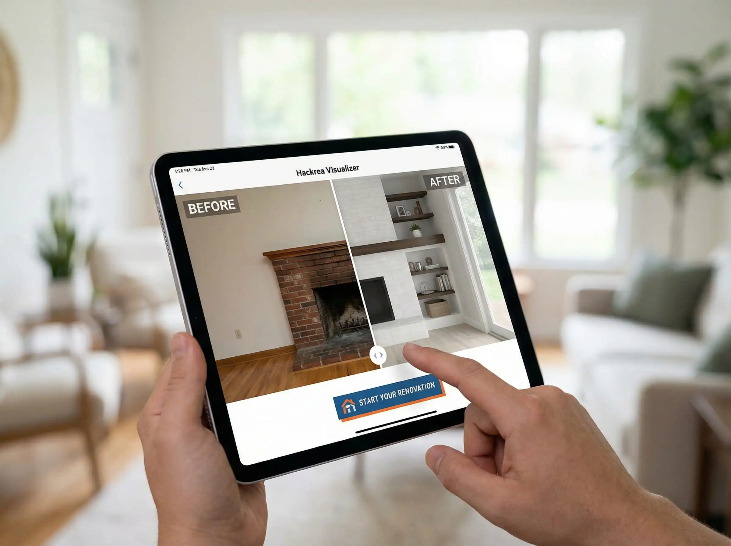 Hand holding a tablet displaying the Hackrea Visualizer tool showing a before-and-after fireplace renovation.