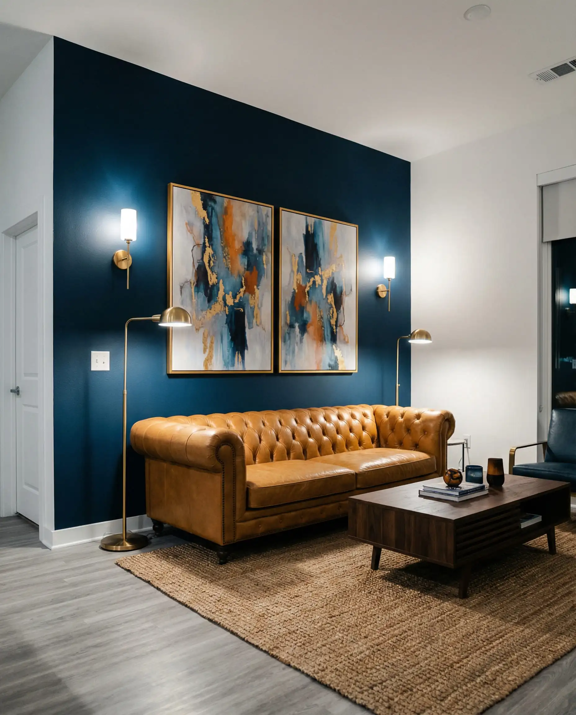 Living room featuring a deep Hale Navy accent wall, light gray luxury vinyl plank flooring, and a tan leather sofa.