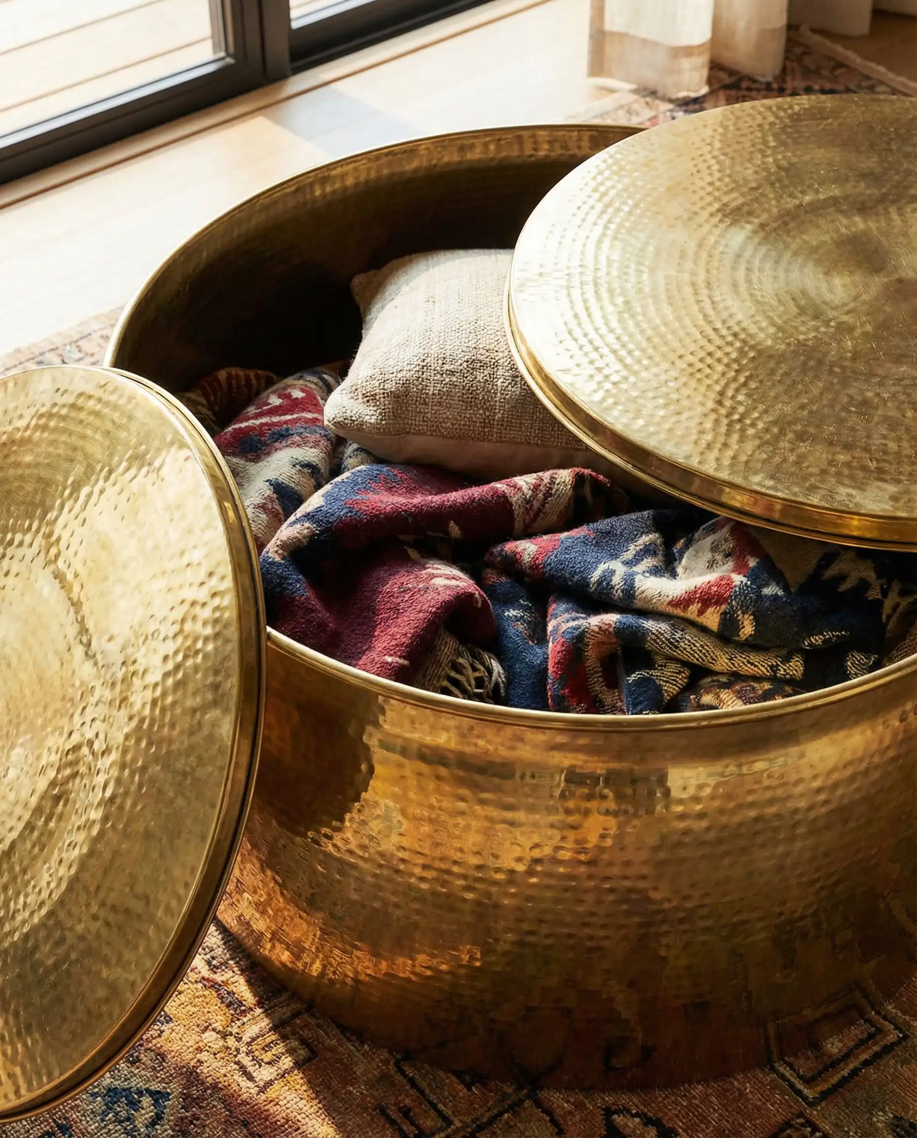 Hammered brass drum coffee table with lid open showing colorful blankets stored inside.