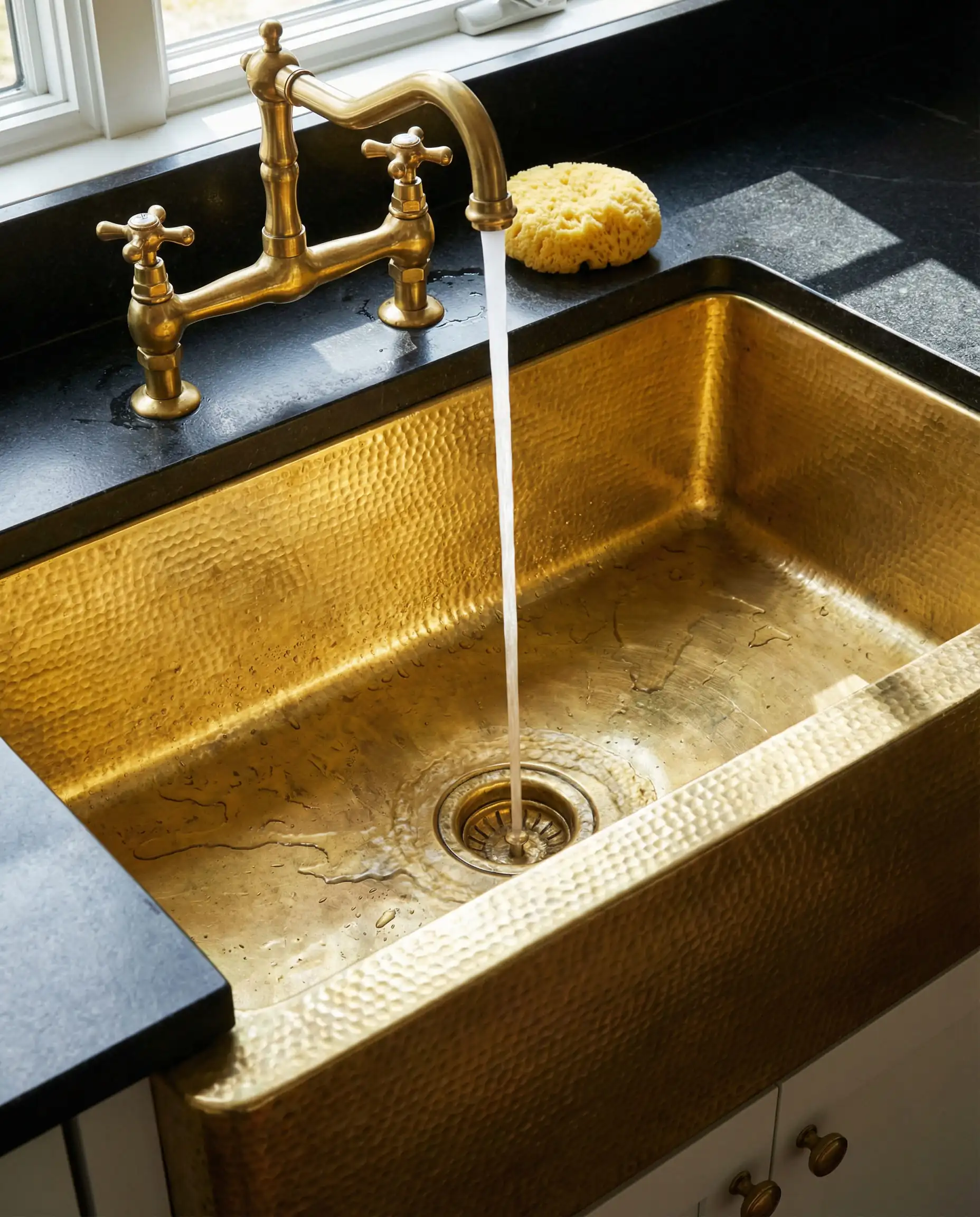 Apron-front farmhouse sink made of hammered brass set in a black granite countertop.