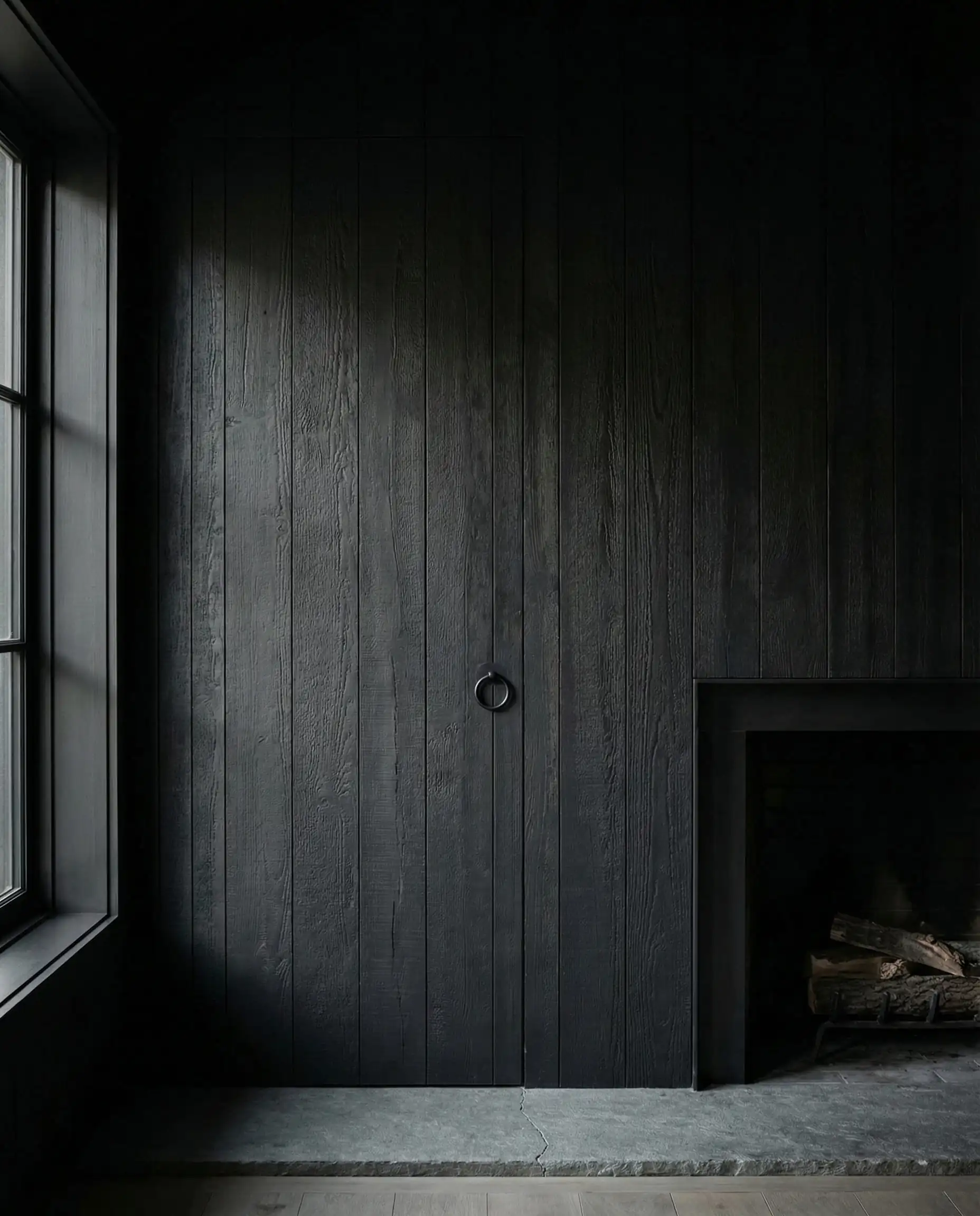 Vertical black shiplap wall with a barely visible seam of a hidden jib door.
