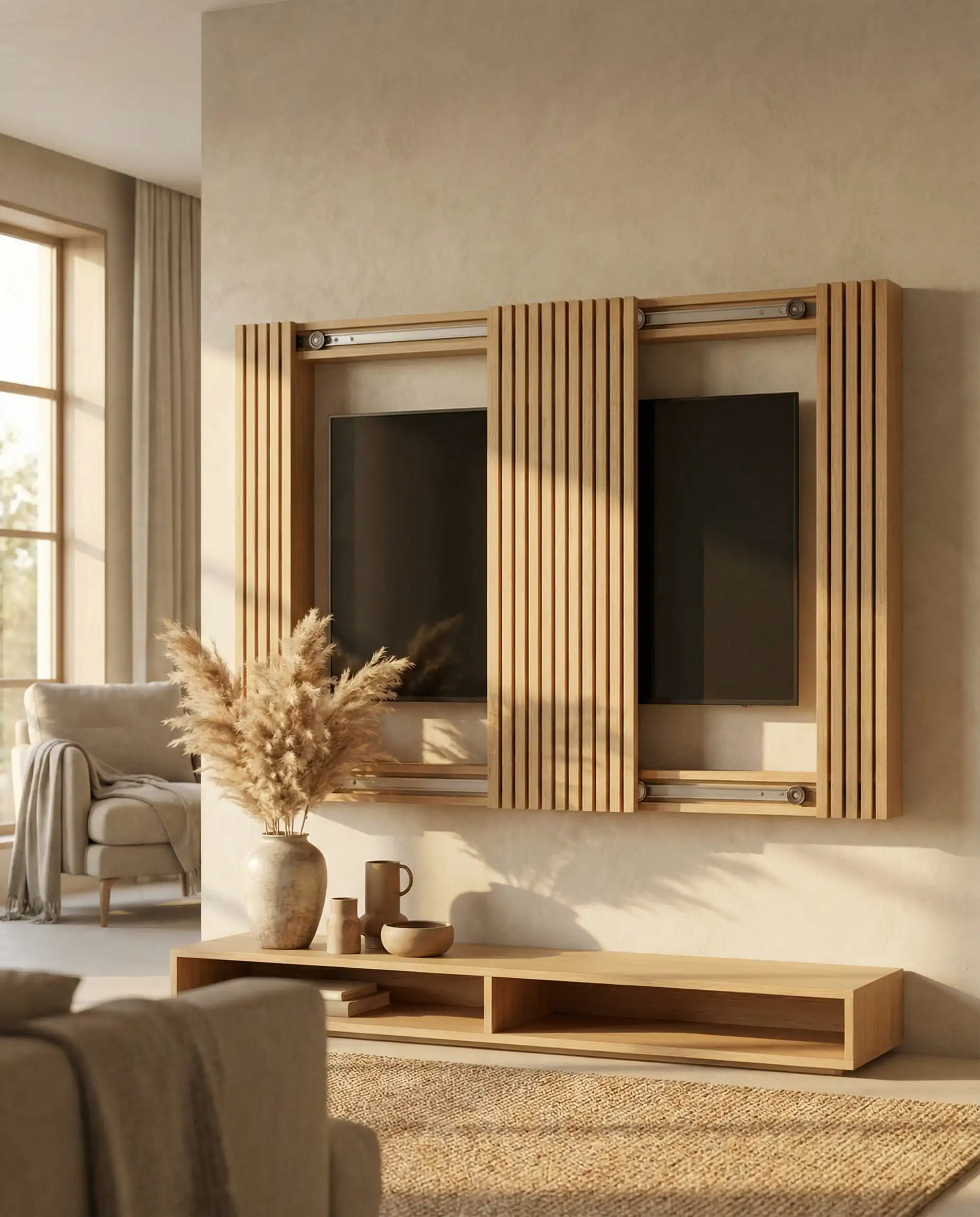 Japandi style living room media wall with a sliding wood panel mechanism hiding the television.
