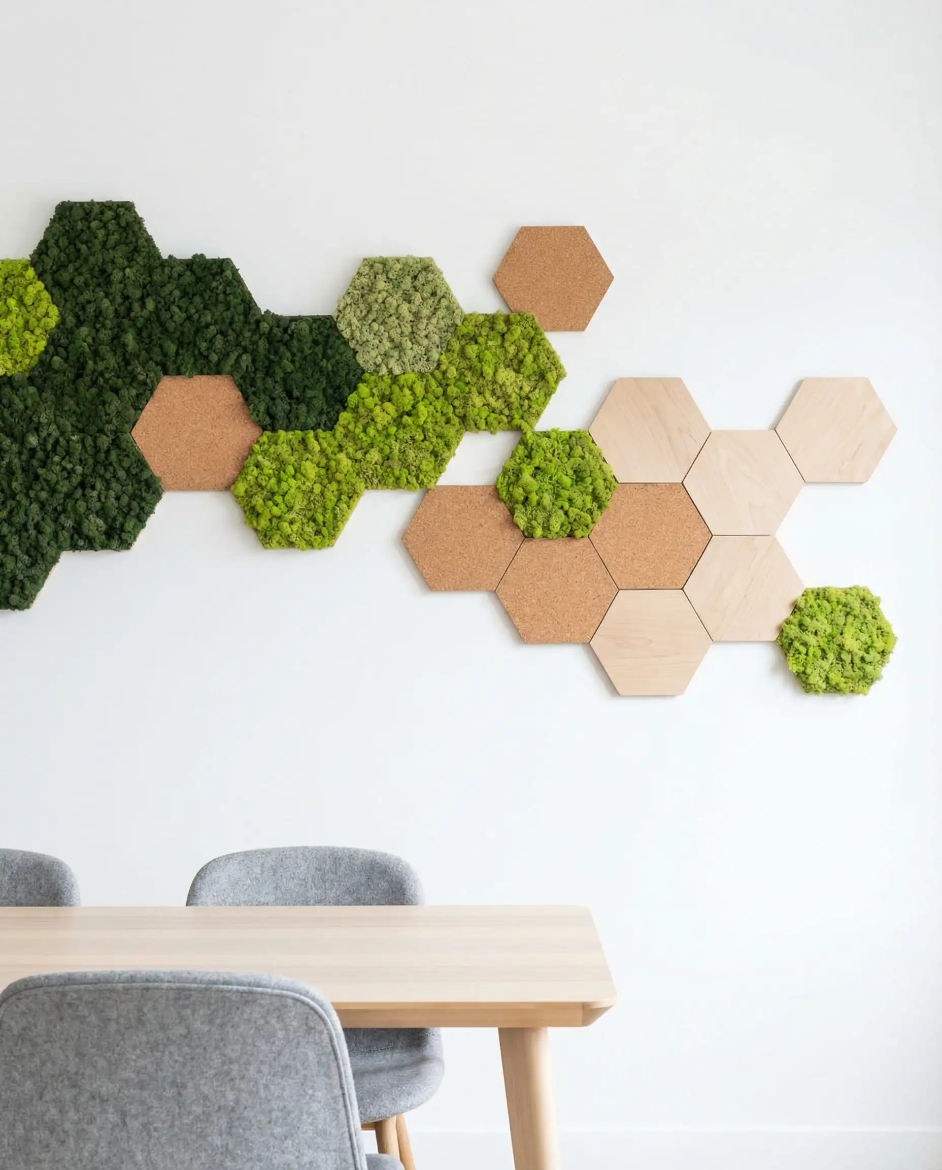 Modern white dining wall featuring an asymmetrical arrangement of hexagonal moss acoustic tiles in varying shades of green.