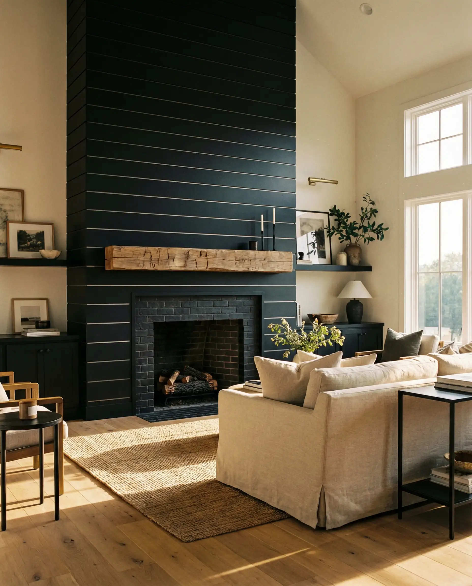 Wide shot of a modern farmhouse living room with a horizontal black shiplap fireplace wall and rustic reclaimed wood beam mantel.