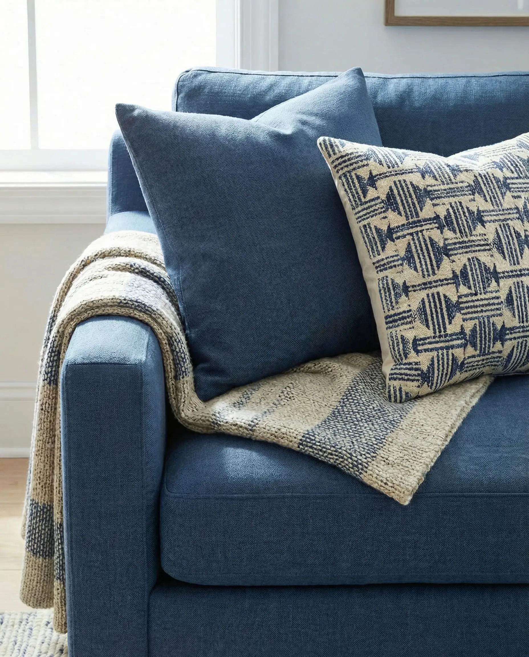Detail shot of a blue sectional sofa arm styled with a throw blanket and two layered pillows.