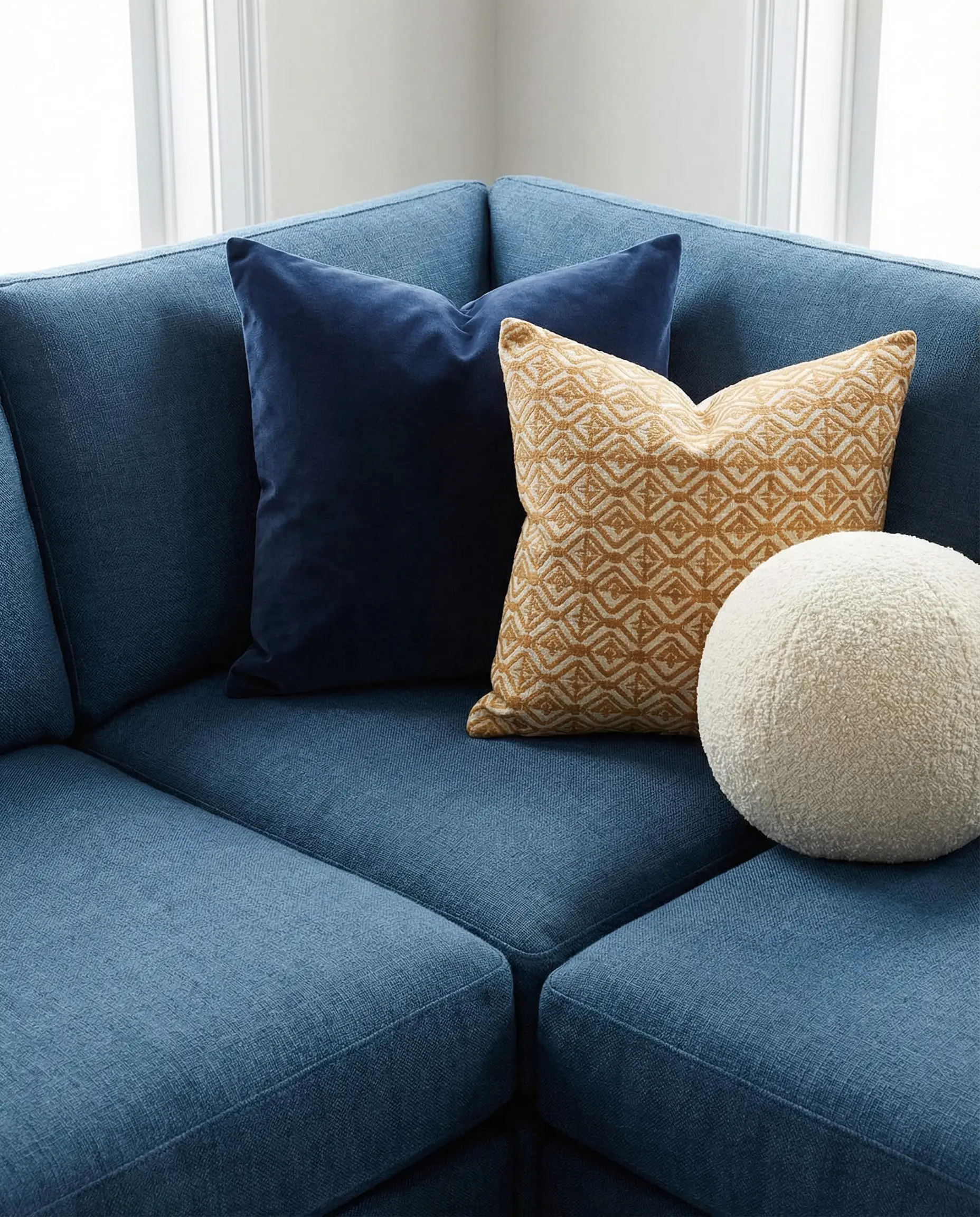 Detail shot of a blue sectional sofa corner styled with a group of three pillows including a ball pillow.