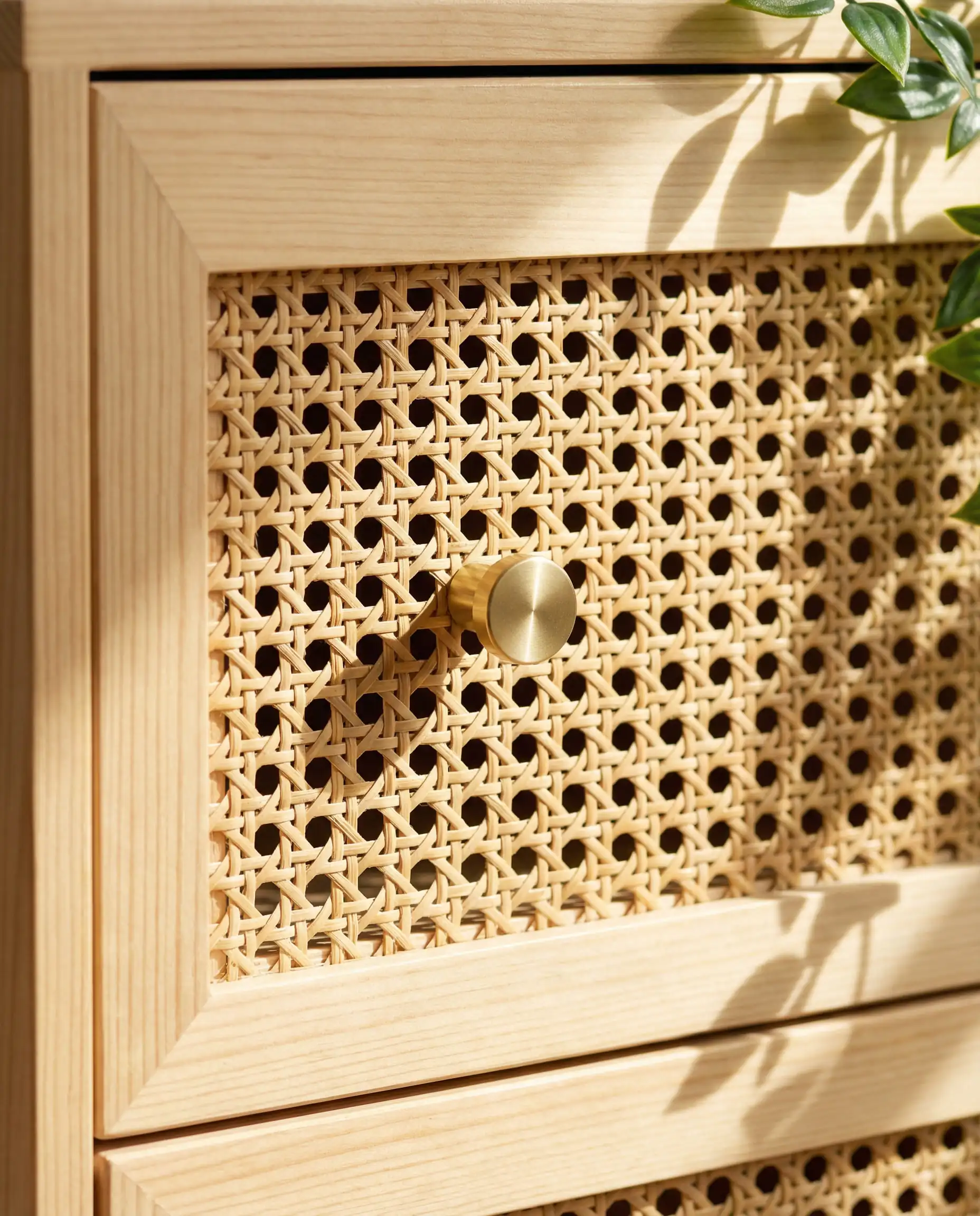 Close up of a wooden dresser drawer upgraded with woven cane webbing inserts.