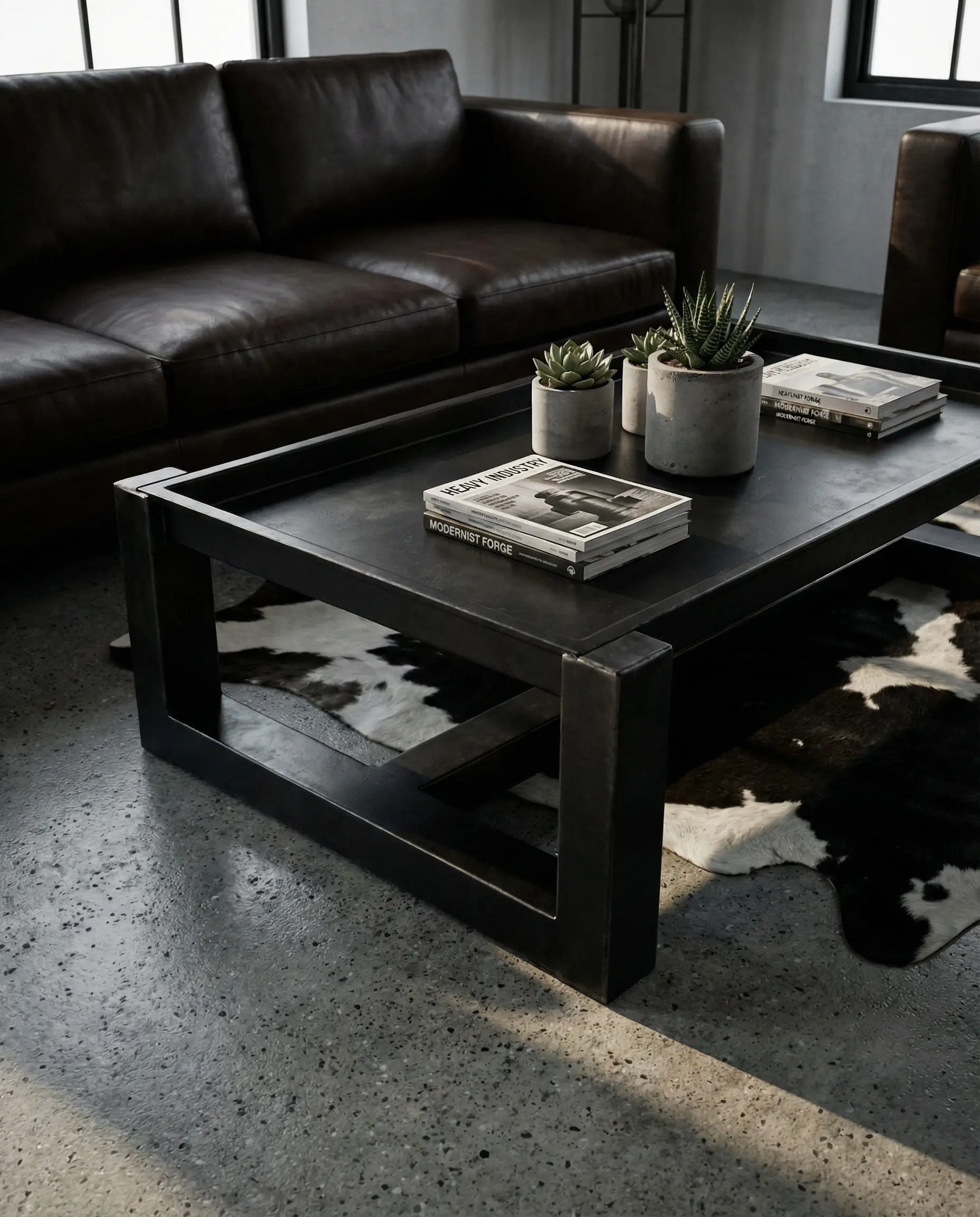 Low angle shot of a heavy black iron tray-style coffee table on a concrete floor in front of a dark chocolate leather sofa.