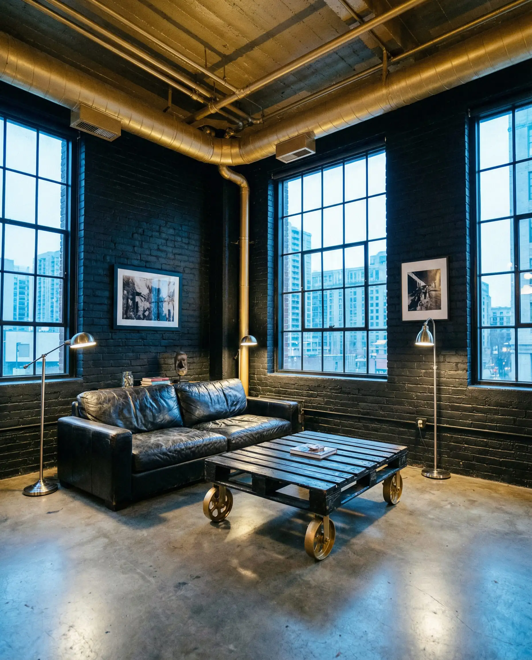 Industrial loft with exposed black brick, gold pipes, and leather furniture.