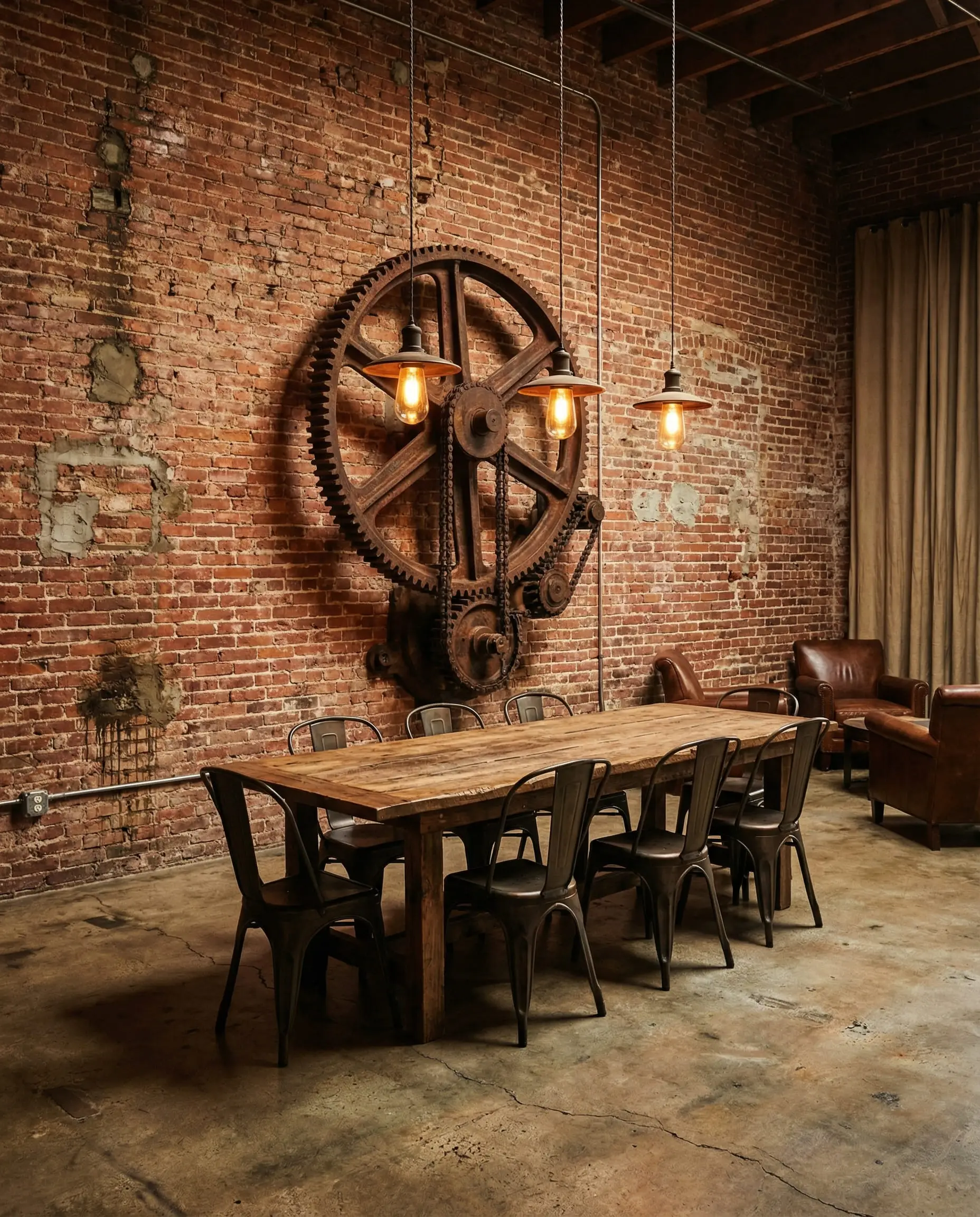 Industrial dining room with exposed brick walls and a large rusted metal gear sculpture.