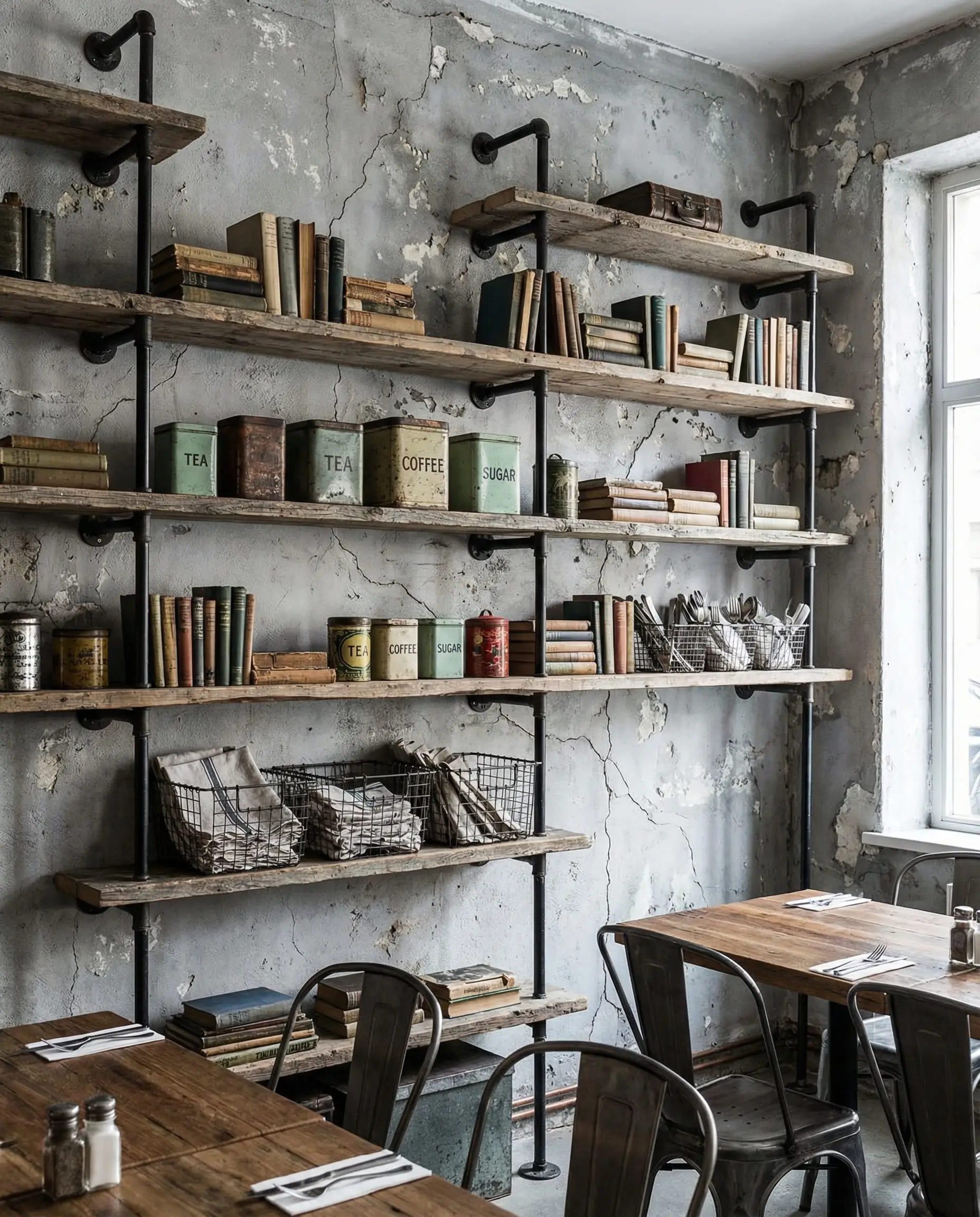 Industrial dining space with open shelving made from black iron pipes and reclaimed scaffold boards.