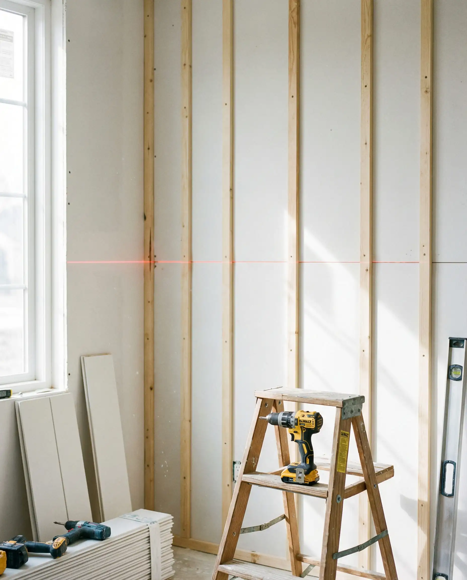 Wall prep showing vertical furring strips installed on drywall with a laser level.