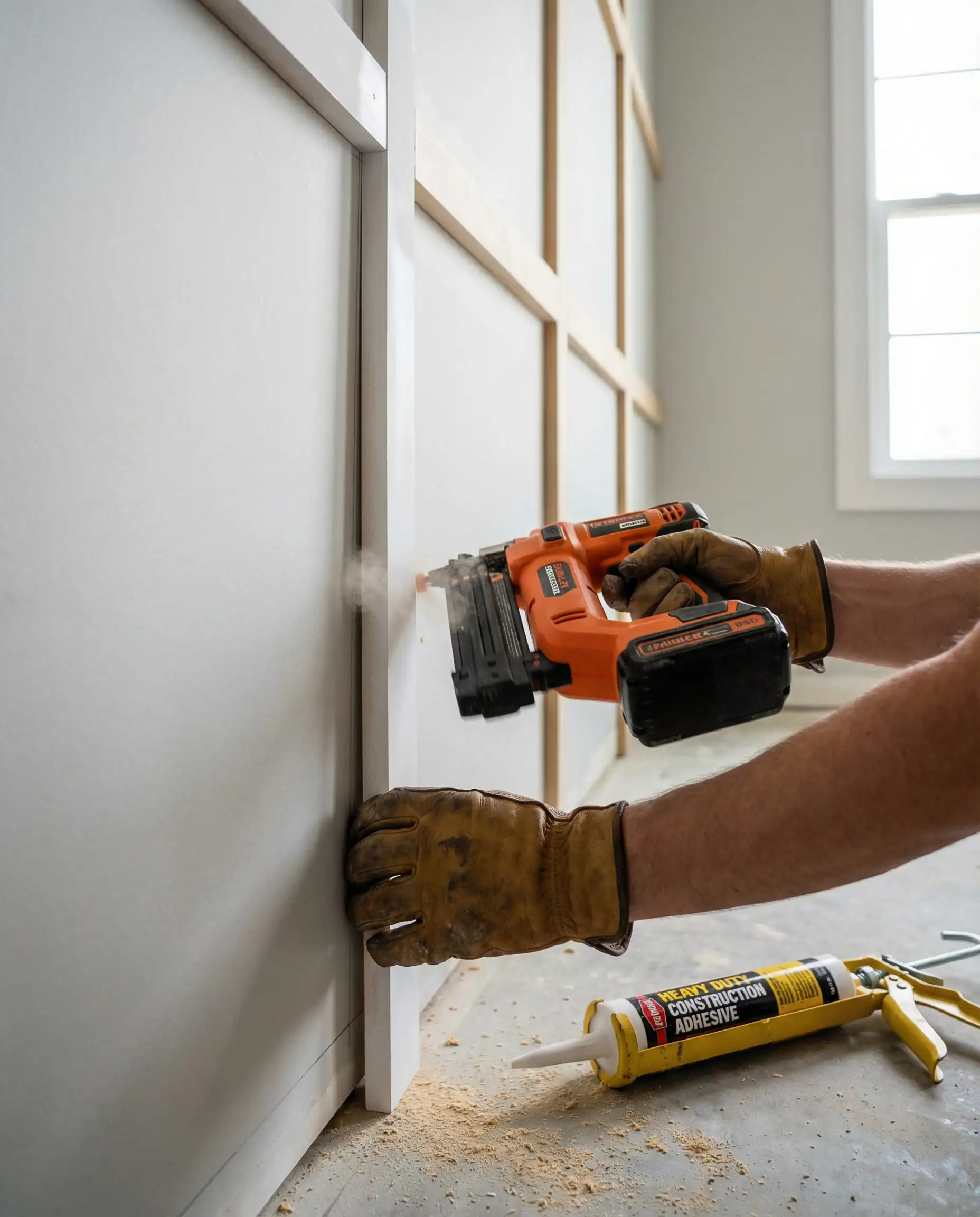 Action shot of installing primed MDF battens using a brad nailer and construction adhesive.