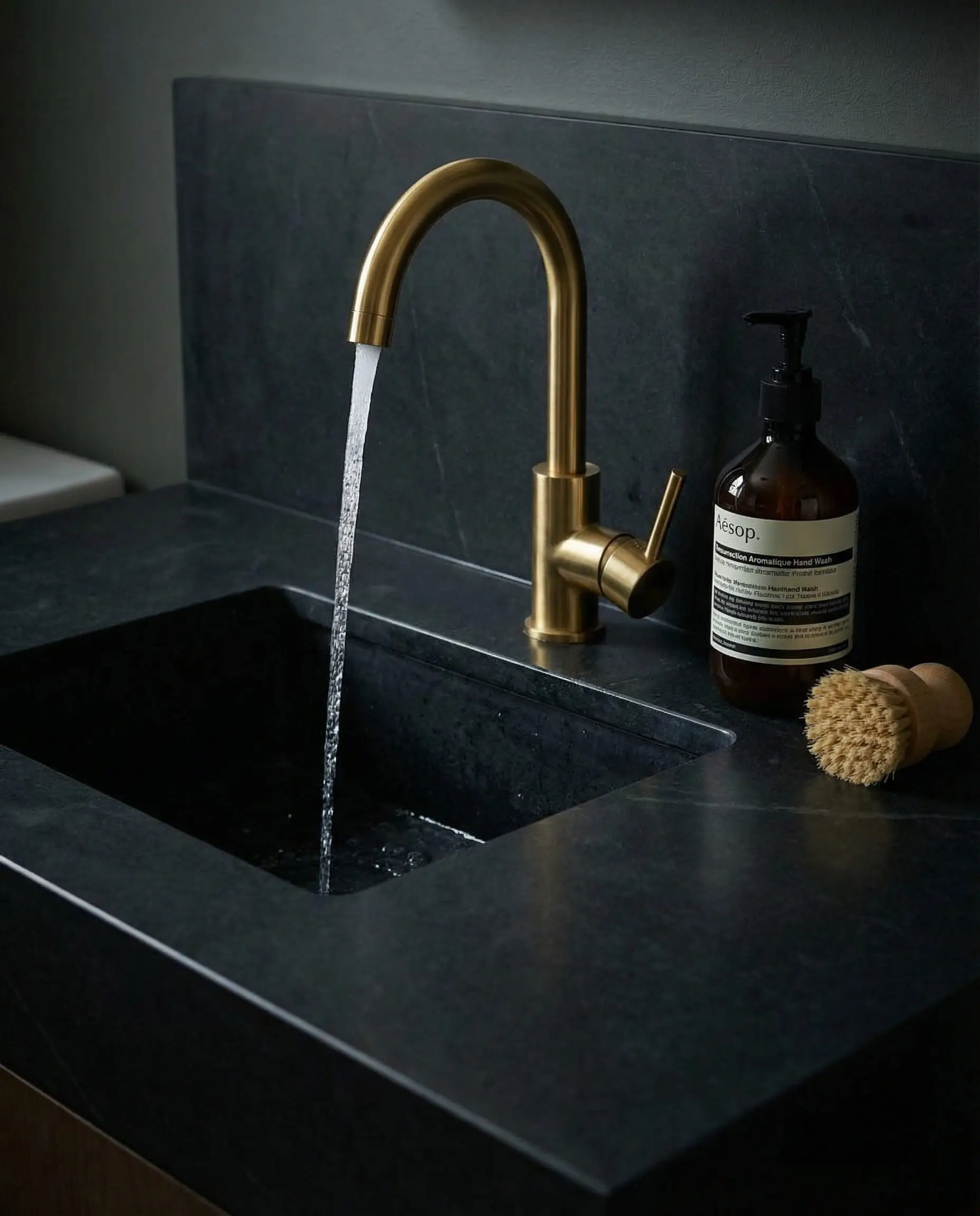 Integrated black marble sink with a satin gold gooseneck faucet and Aesop soap.