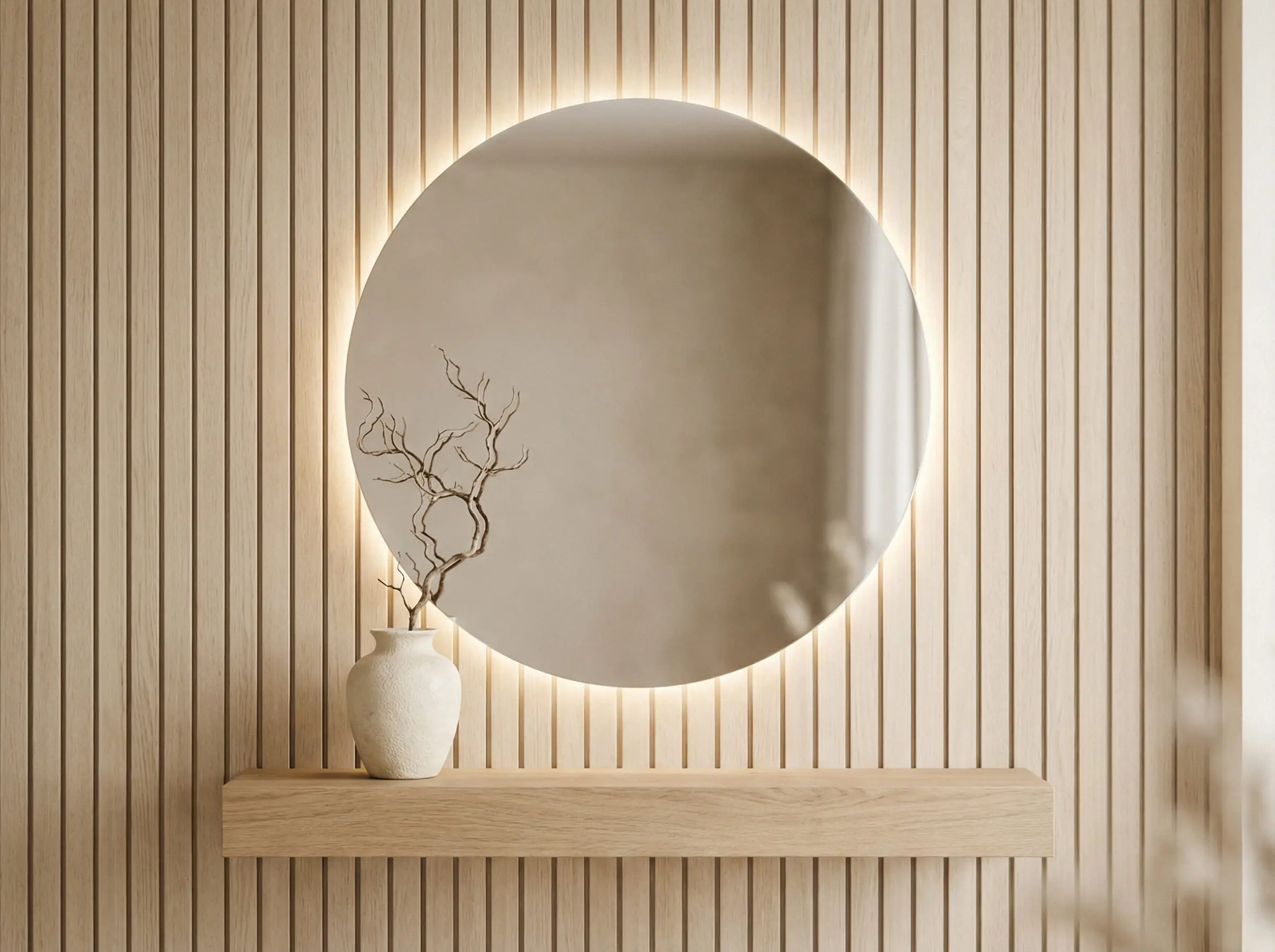 Serene bathroom vignette with light oak slats and a backlit round mirror.