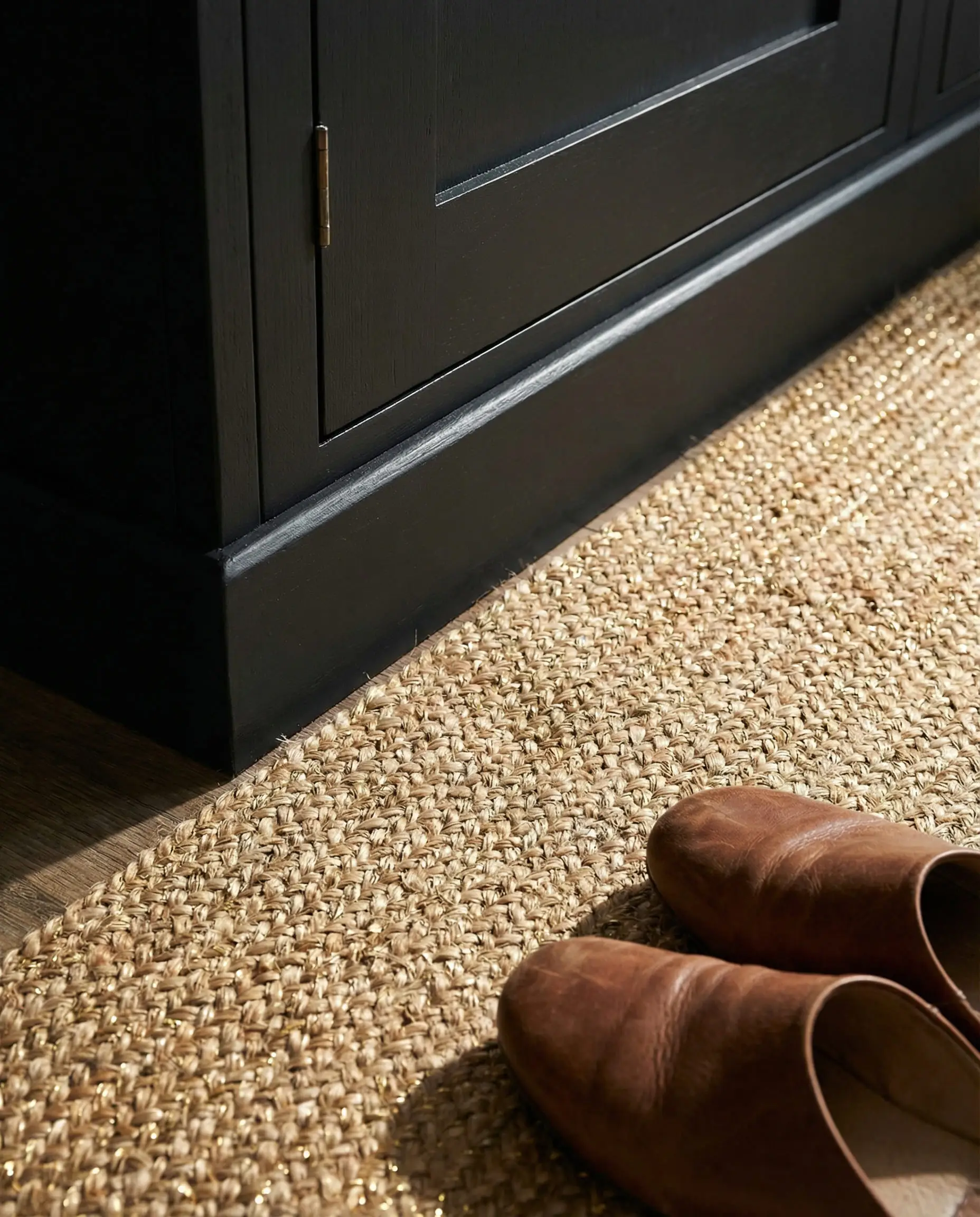 Close-up of jute rug with metallic gold threads against a matte black cabinet plinth.