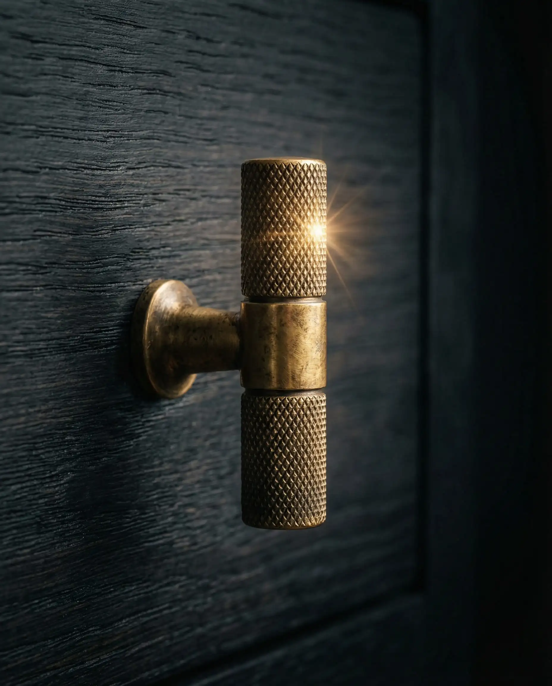 Macro shot of a knurled unlacquered brass cabinet pull on a dark stained oak drawer, illustrating the jewelry hardware trend.