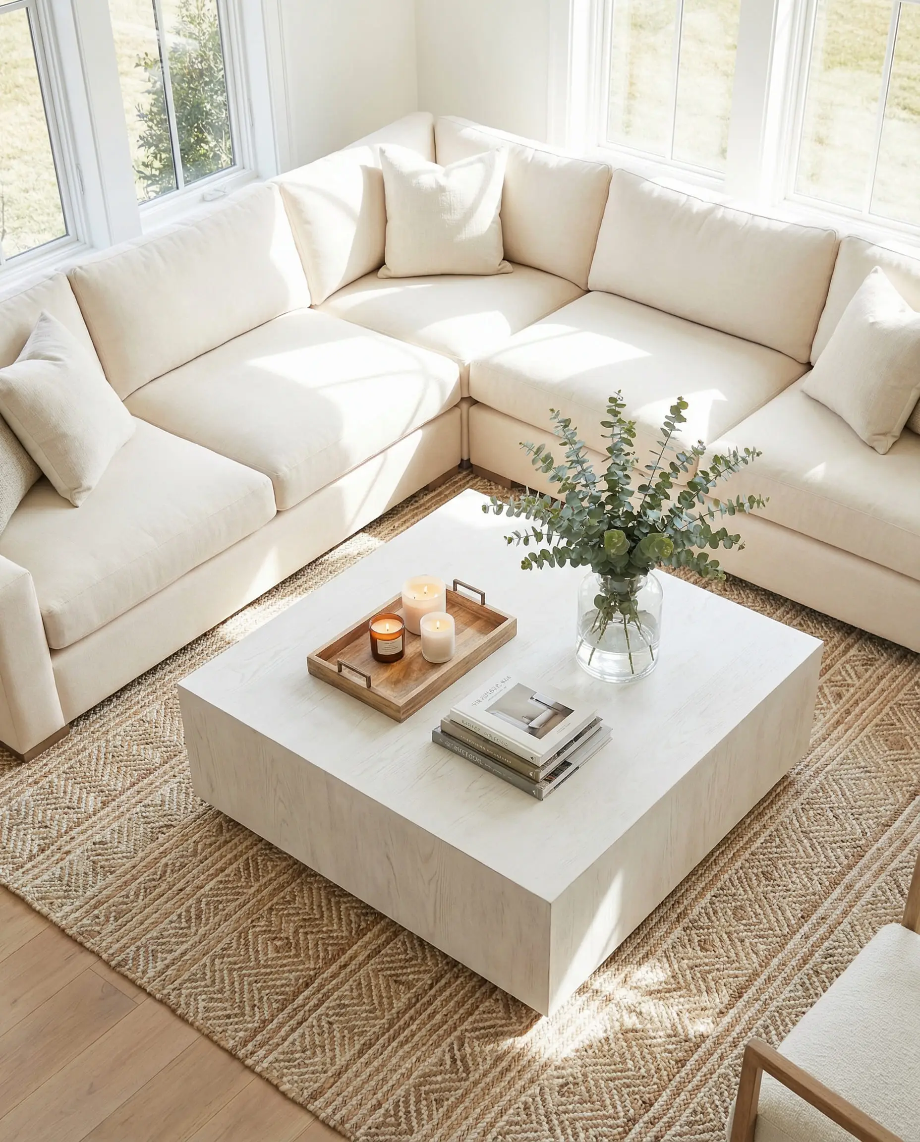High-angle shot showing two sofas in an L-shape with a large square wooden coffee table filling the center space perfectly.