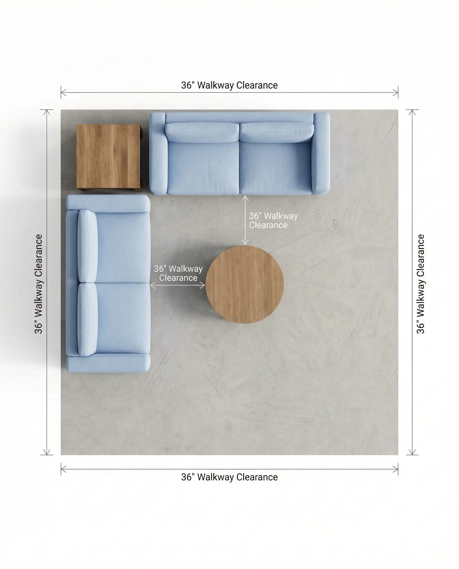Top-down 3D floor plan of an L-shaped sofa layout showing the square corner gap and traffic flow around the furniture.