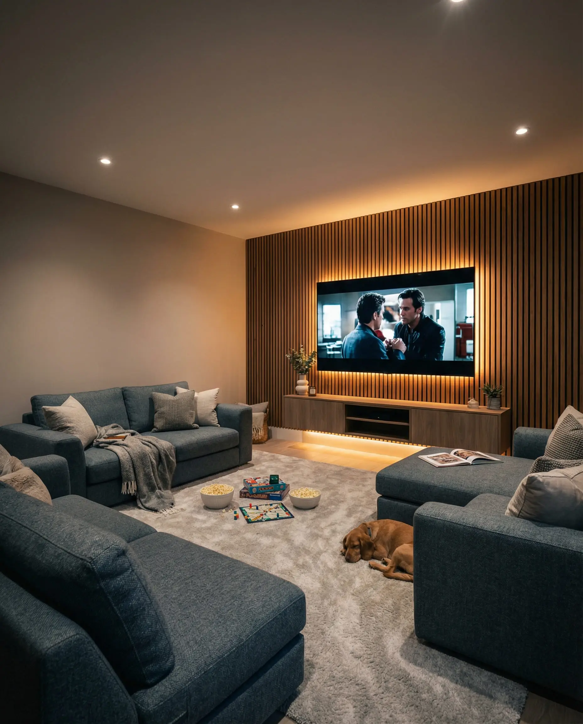 Two dark grey sofas arranged in an L-shape facing a wood-slat feature wall with a mounted TV in a media room.