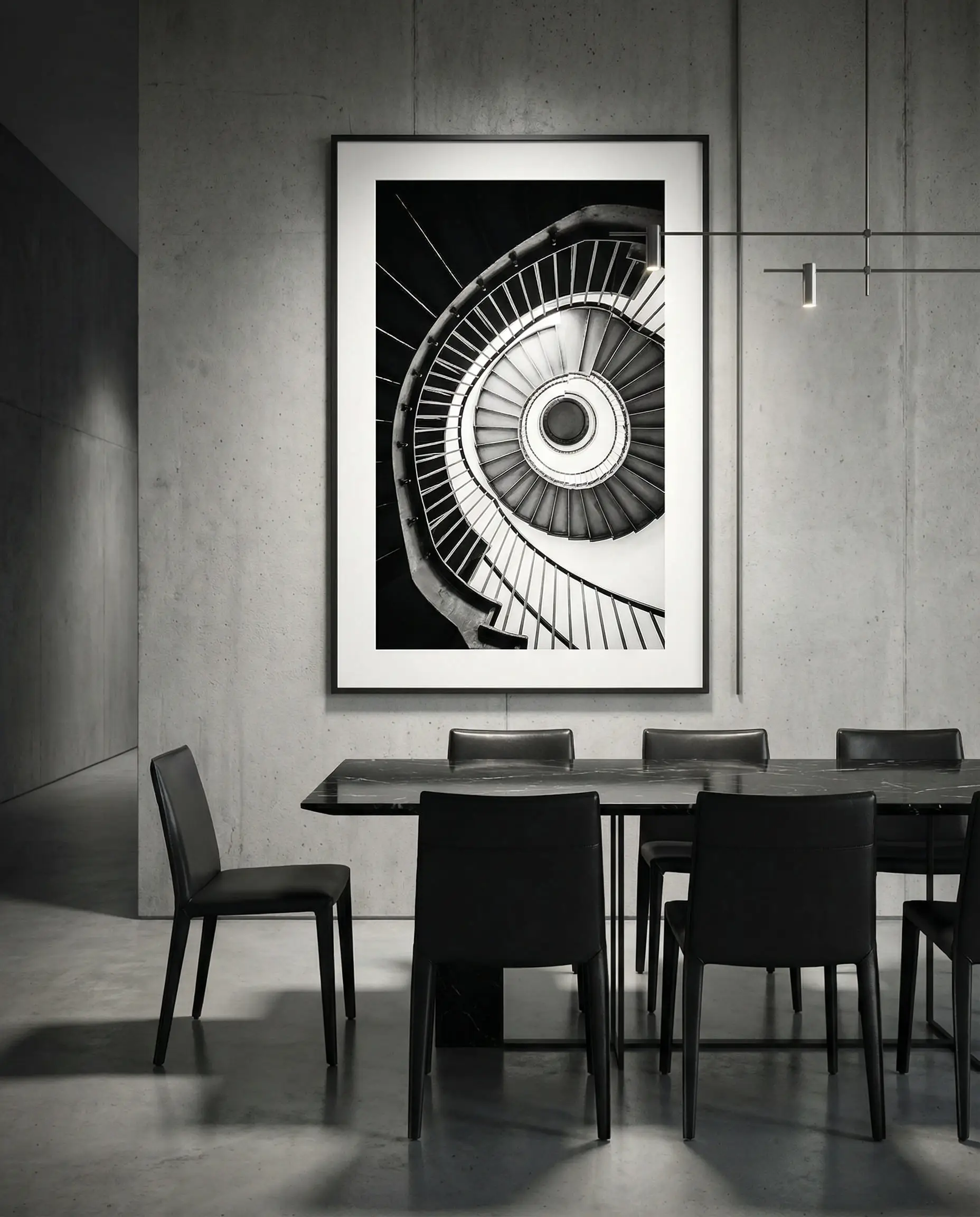 Chic dining room featuring a single oversized framed black and white architectural photograph.