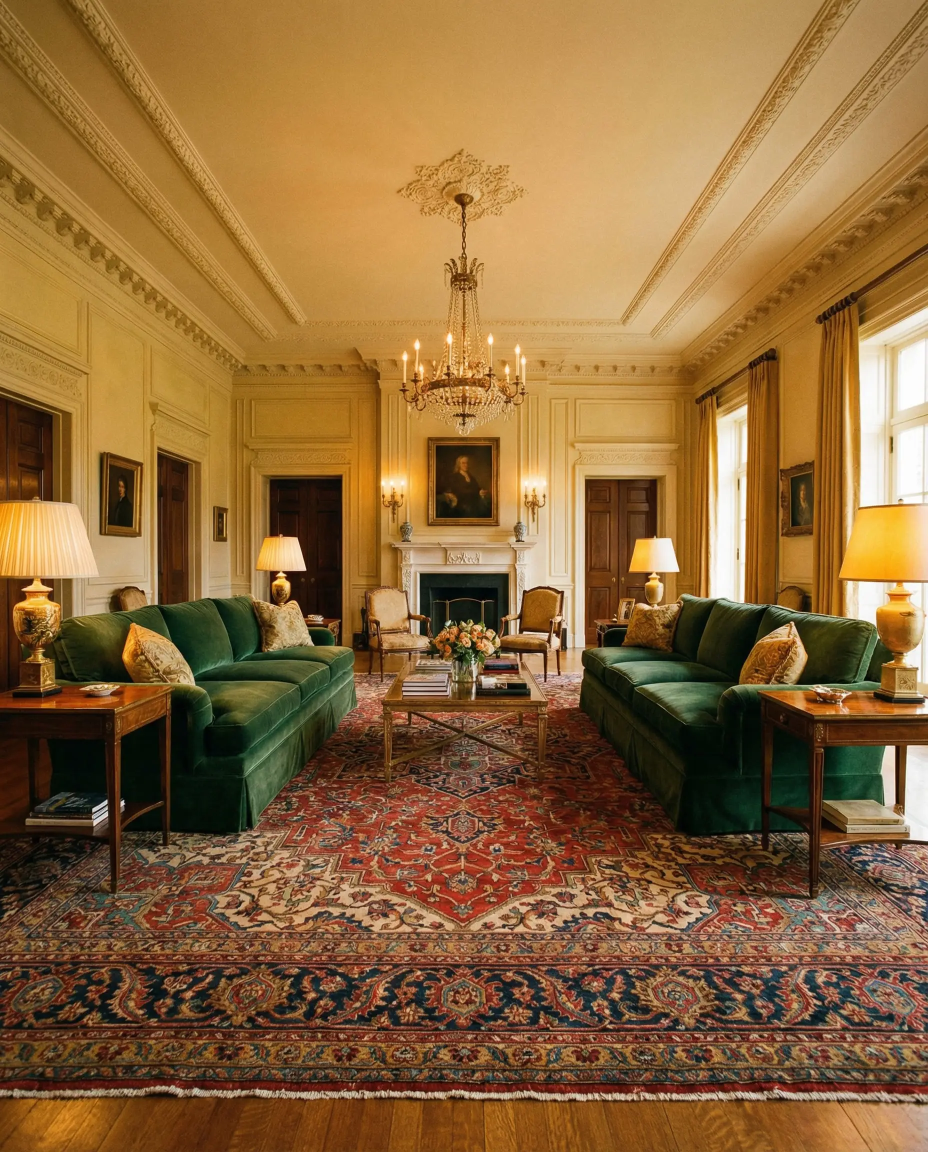 Wide shot of a luxury living room where two sofas and all side tables sit completely on top of a massive antique rug.