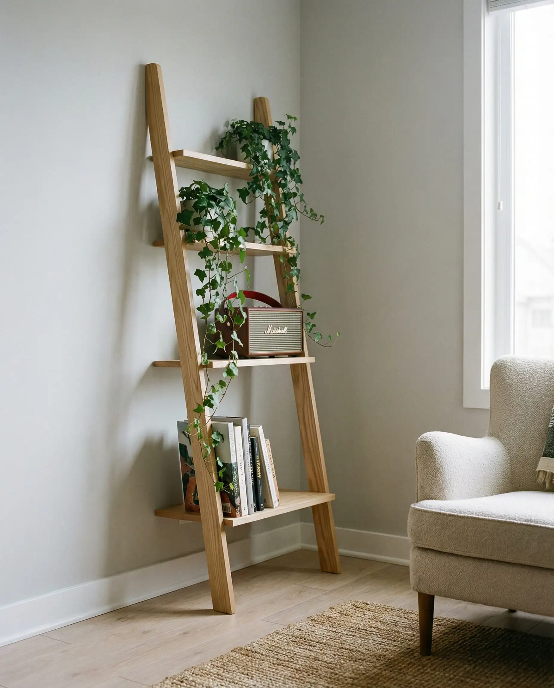 Wooden leaning ladder shelf styled with plants and books in a small living room corner.