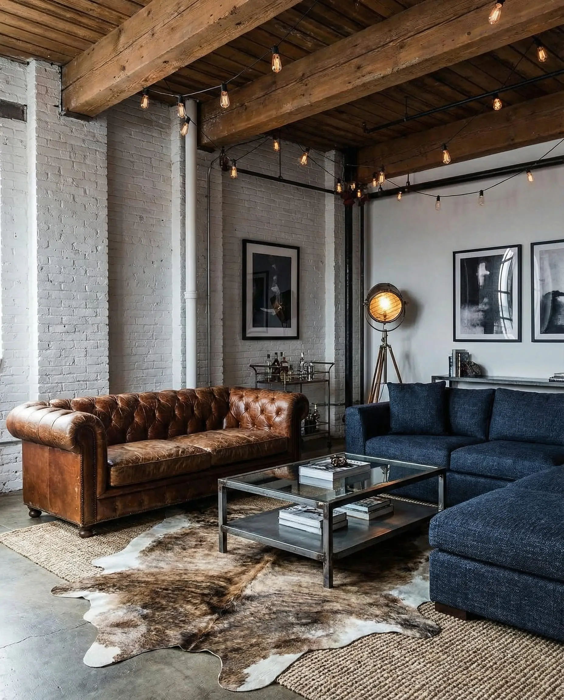 Industrial chic living room with a distressed cognac leather sofa facing a modern navy blue tweed sofa.