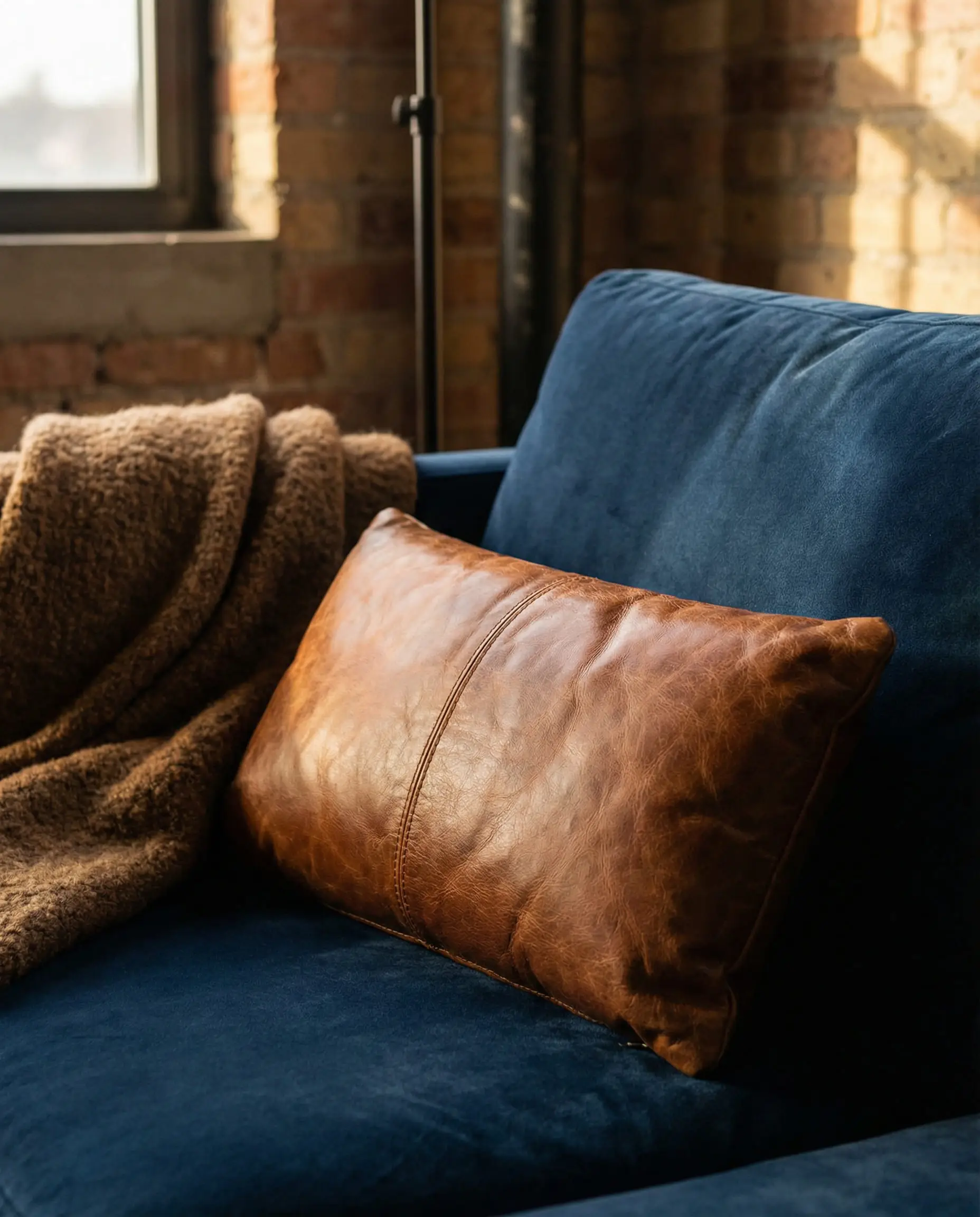 Cognac brown leather lumbar pillow styling a dark blue velvet couch.