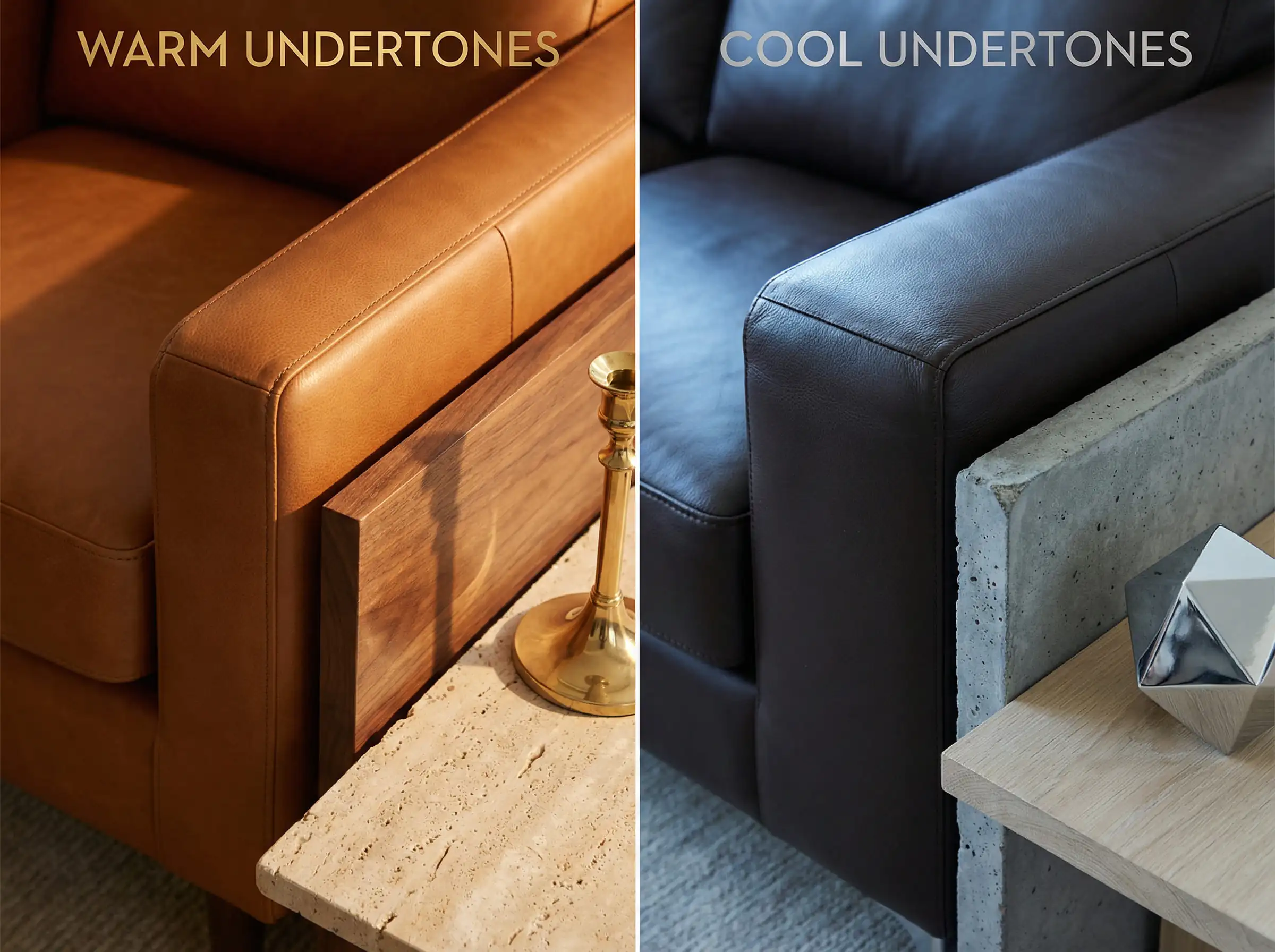 Split screen comparison showing the difference between warm orange undertones in cognac leather versus cool purple undertones in espresso leather.