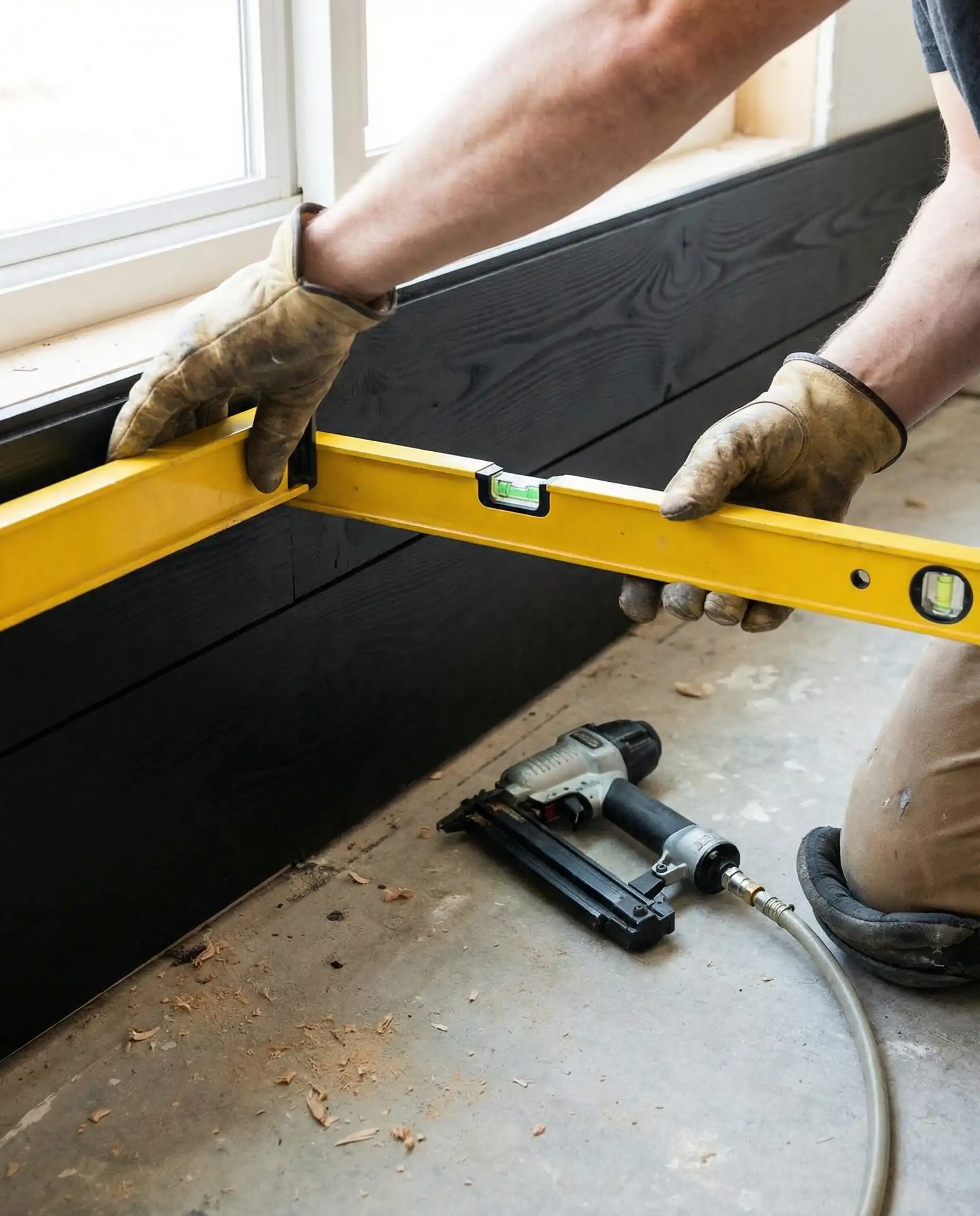 Close-up of a spirit level on the first black shiplap board during installation.