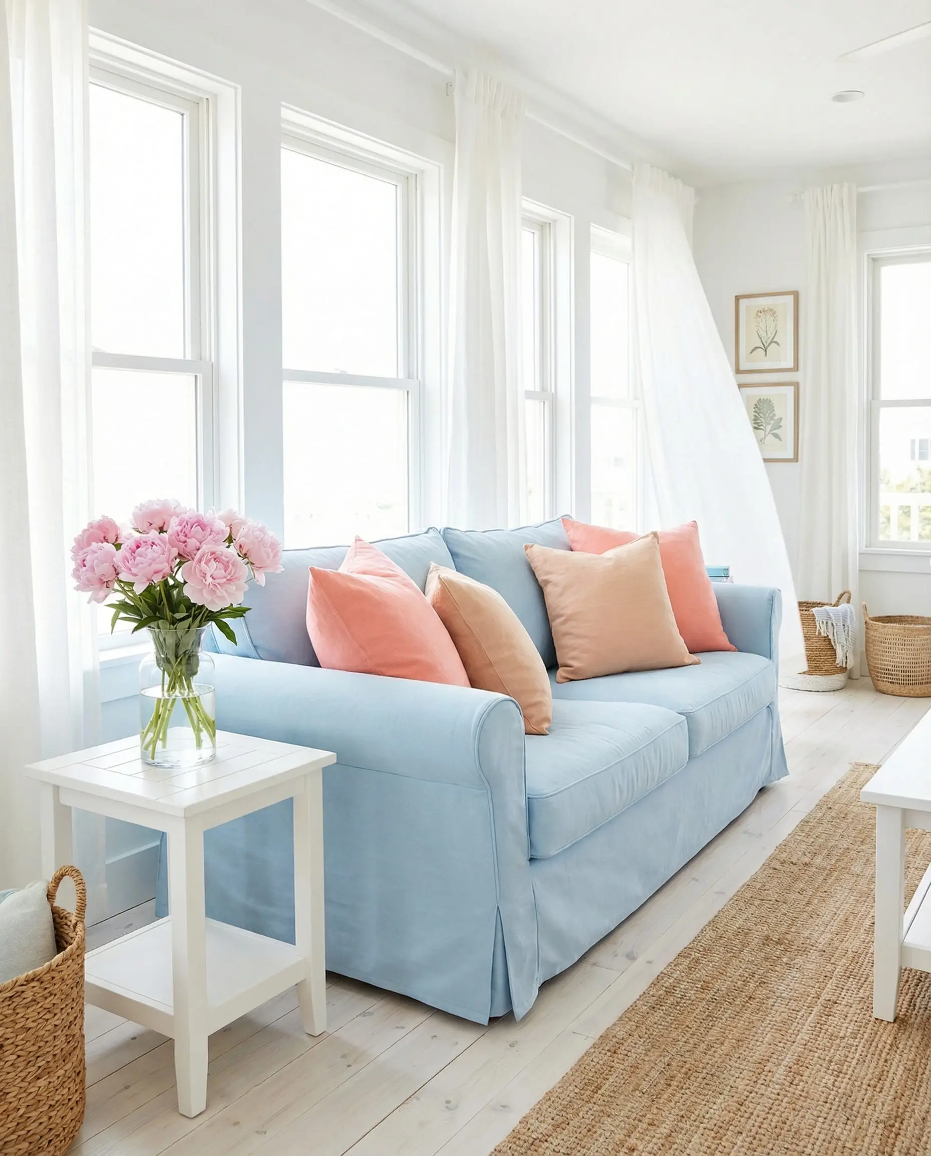 A bright coastal living room with a baby blue sofa styled with soft pastel coral and peach linen pillows.