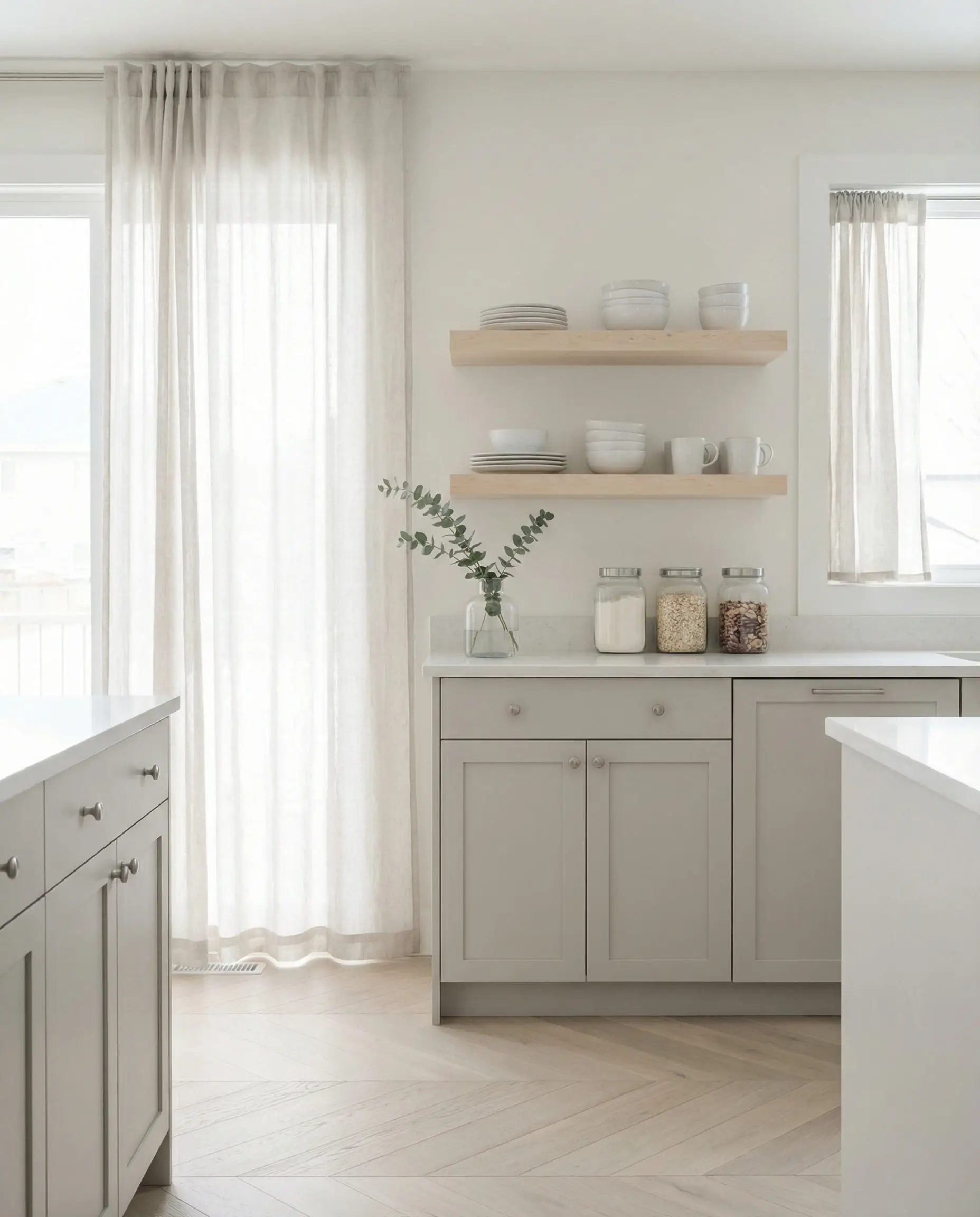 Bright scandinavian kitchen with light dove gray cabinets, Sherwin Williams Alabaster walls, and white oak herringbone flooring.