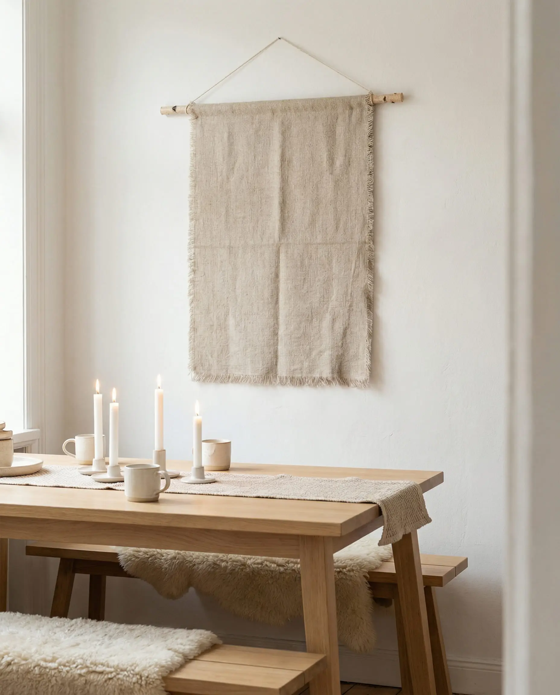 Scandi dining room with a raw linen fabric wall hanging suspended from a wooden dowel.