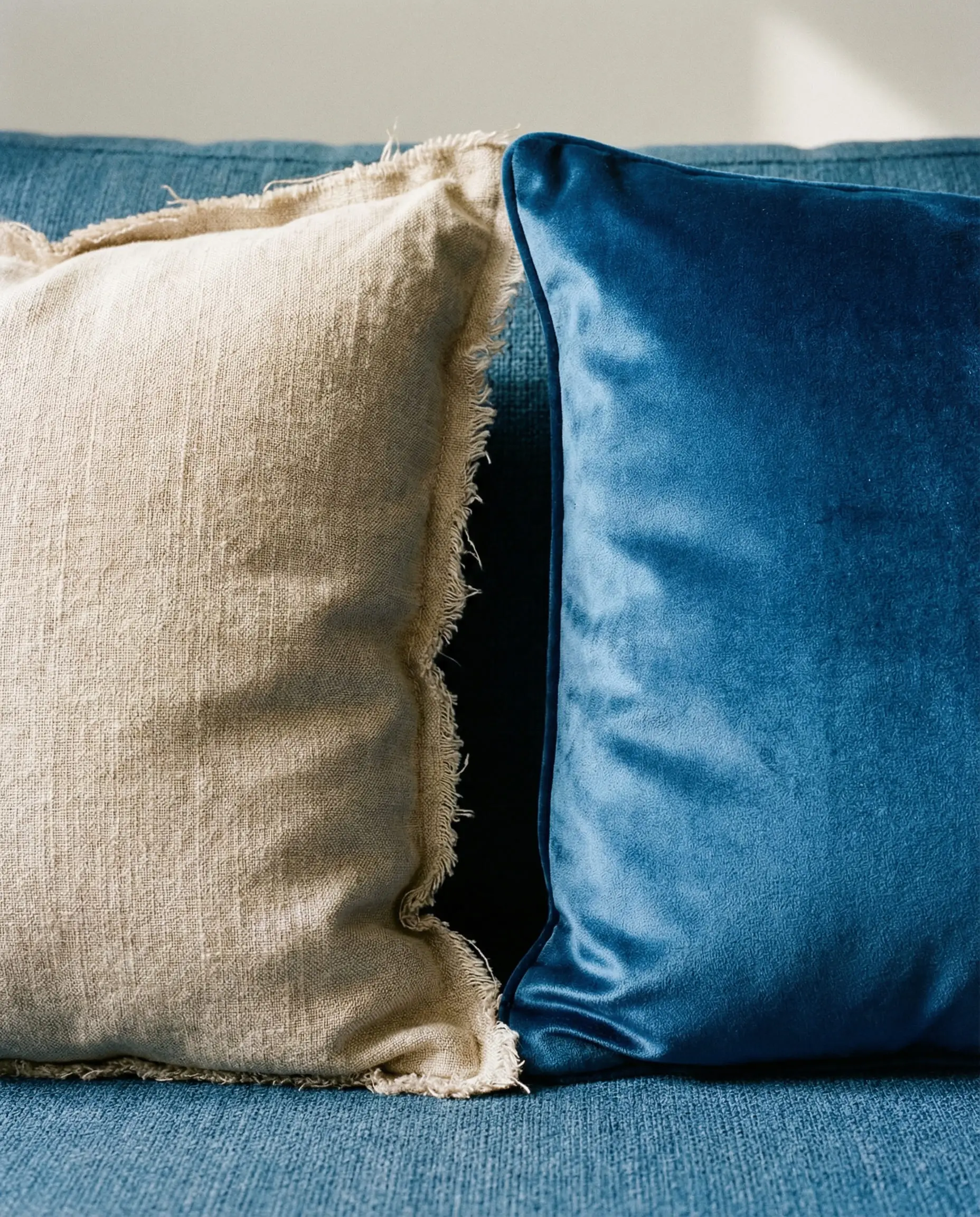 A comparison of a raw beige linen pillow next to a shiny sapphire blue velvet pillow on a blue couch.