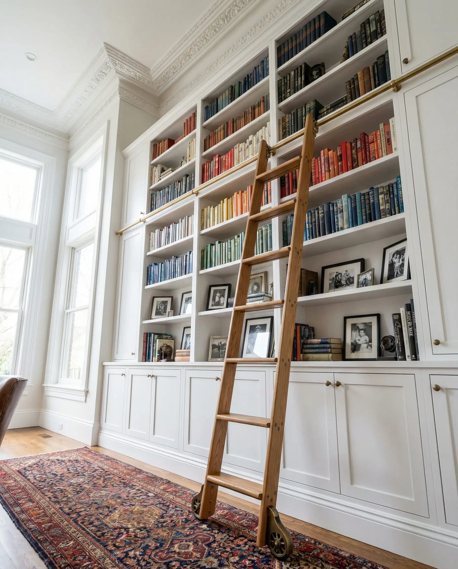 Tall white living room bookshelves reaching the ceiling with a brass rolling library ladder.
