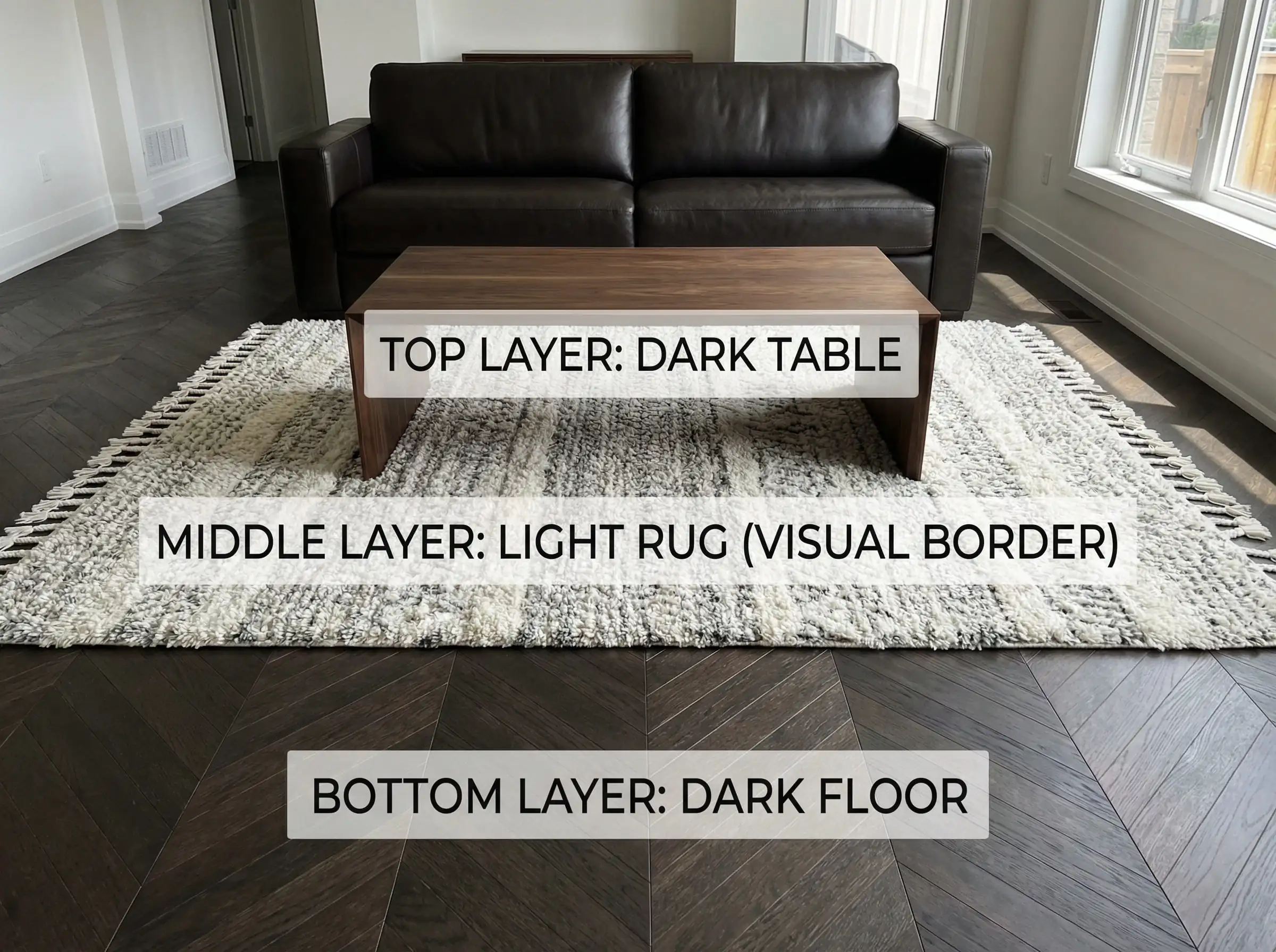 Diagrammatic interior shot showing layers: dark floor, light cream rug, dark walnut table, and dark espresso sofa.