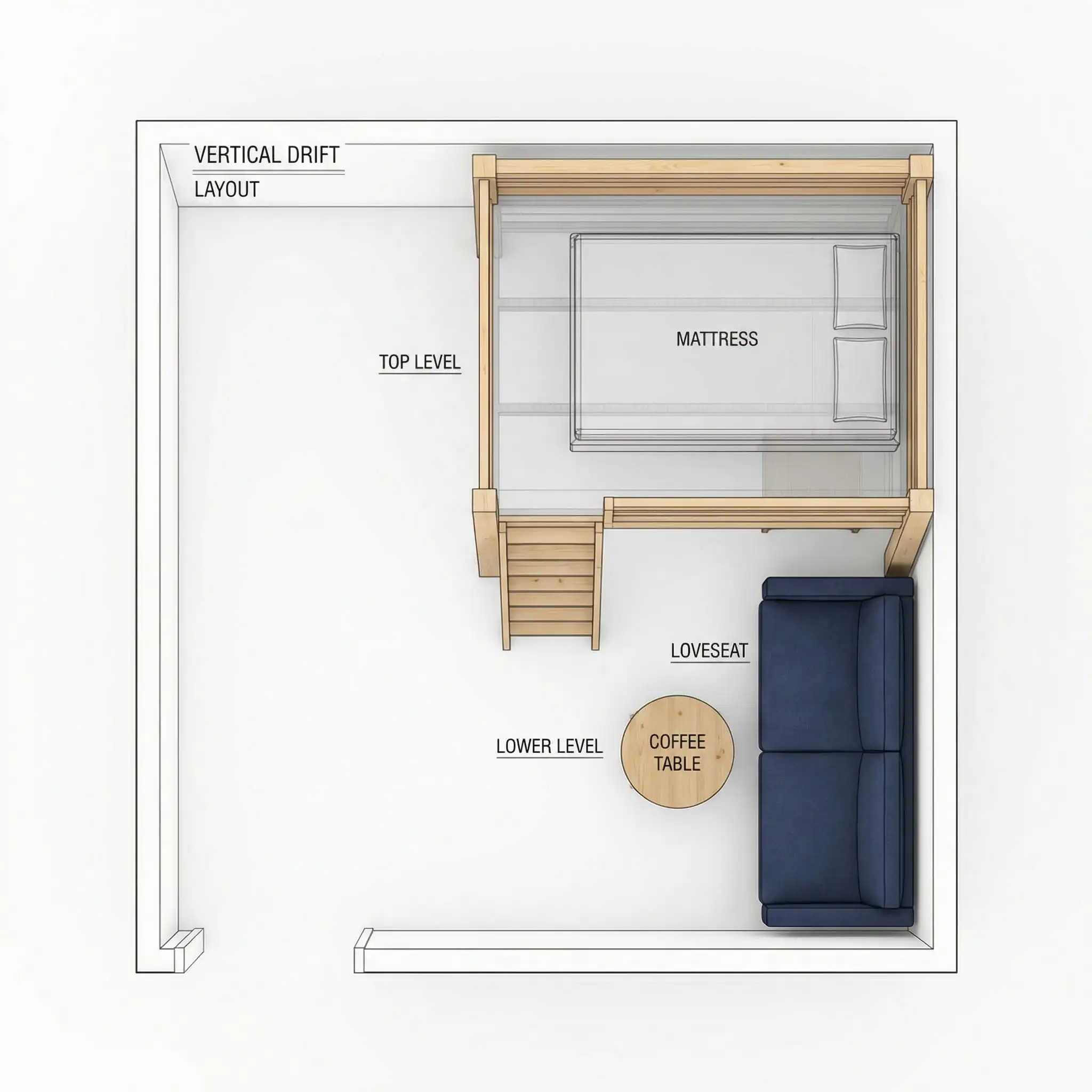 10x12 room diagram showing a loft bed with a seating area tucked underneath.