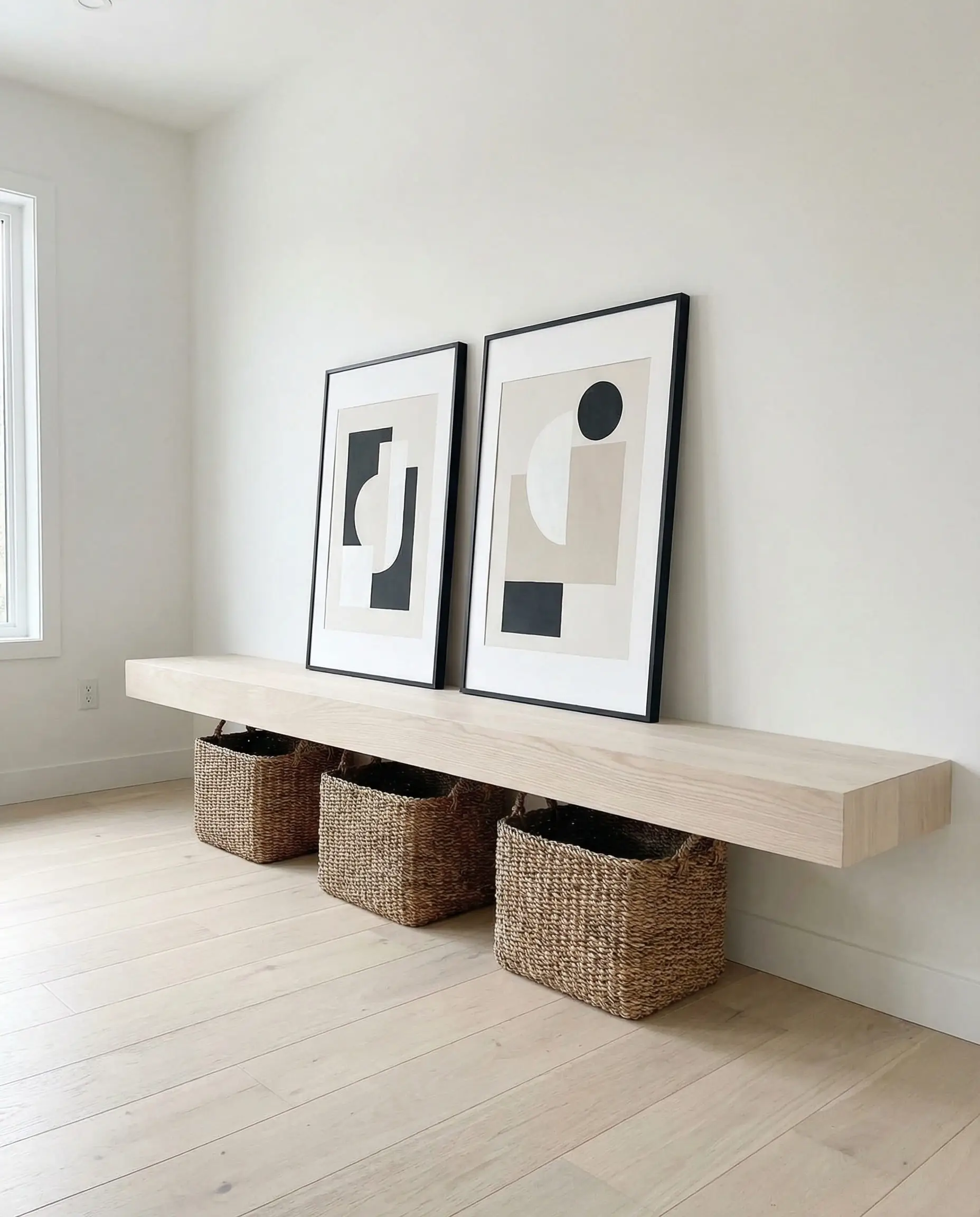 Long wooden bench in a living room with woven seagrass baskets stored neatly underneath.